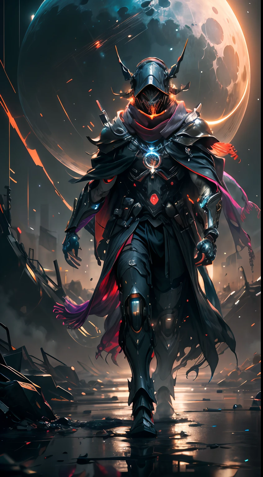 realistic,shiny,reflective,bioluminic, galactic cybernetic mask,mecha,(assassin:1.2),((((scarf,long cloak)))),sh4g0d,GlowingRunes_red,fullbody,cinemnatic,dark background,starry,big moon,backlight,high contrast,
