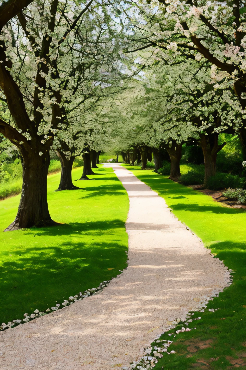 masterpiece, best quality, high quality, red brick road, in the middle of a forest of elms and almond blossoms.
