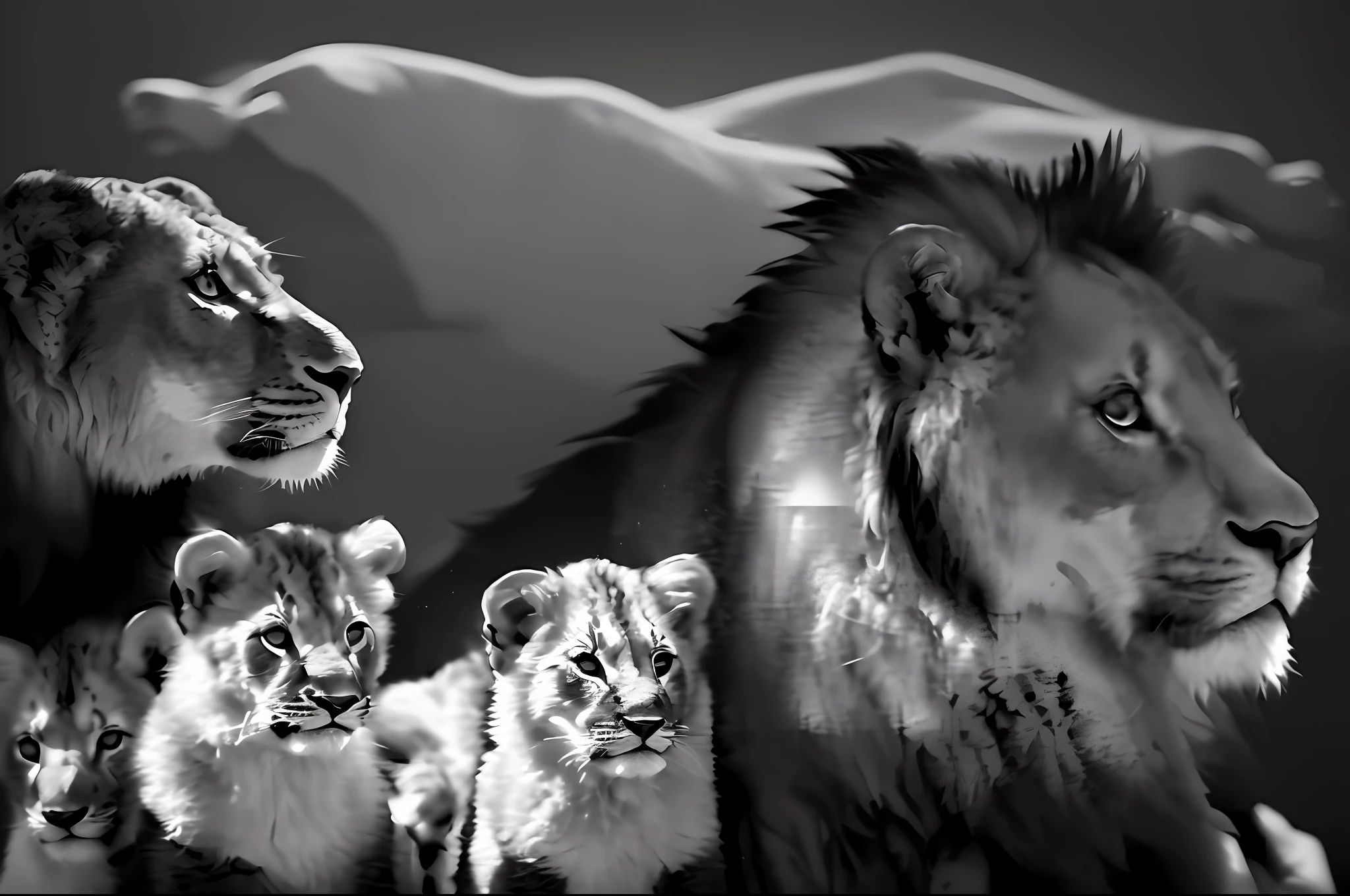 ((Grayscale photograph), there are a lot of lions that are standing together, lions, proud look, proud look, family photo, family portrait, king of the jungle, trend photo, trend, lion, wildlife animals, majesty, a lioness in the background, (((black background)), lion, looking forward, animals ruling the world, looking straight, cub, lioness, Contemplating