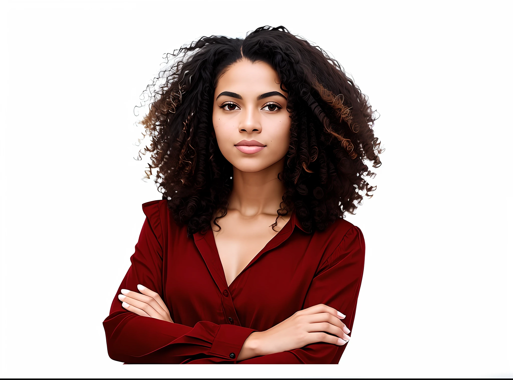 there is a woman with a red shirt and a black background, mixed-race woman, photo of a black woman, mixed race woman, photo of a woman, high quality portrait, standing with a black background, medium-length portrait, on black background, against a deep black background, young black woman, portrait image, promo image, in front of a black background --auto --s2