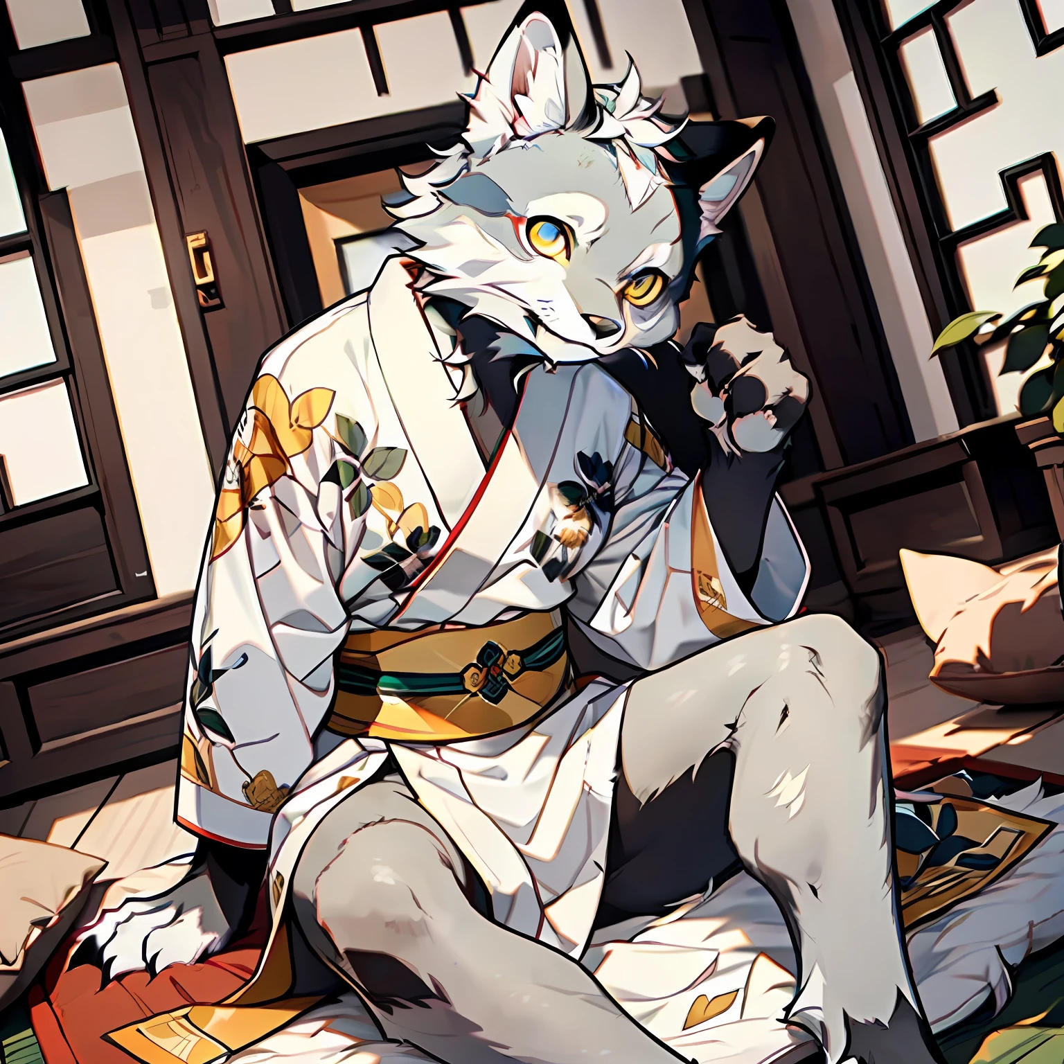 (Best Quality), (Masterpiece), (((Single))), (Ultra Detailed), (Furry), Full Body Furry, Furry, (Male Arctic Fox: 1.5), (Gray Skin: 1.3), (Gray Fur: 1.3), (Golden Eyes), ((Canine Paws)), ((Gray Paws)), (Gray Ears), Sharp Focus, (Furry Feeling of Animal Ears), Sitting cross-legged on a cushion, wearing a traditional Chinese robe, in a traditional Chinese room, Natural light