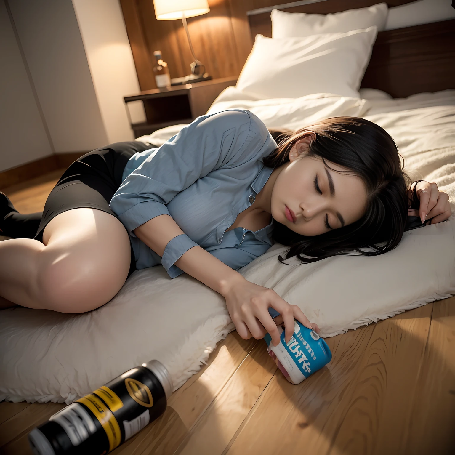 (8k, RAW photos, best quality, masterpiece, : 1.2), (realistic, photorealistic: 1.37), (1 girl, solo: 1.3), office lady 24 years old Japan girl, office lady, black hair, (disheveled hair, unkempt hair: 1.3), labor, hard work, social work, overwork, exhaustion, bed, from above, (lying on the bed, sleeping on the bed, Legs spread, sleeping, eyes closed, mouth open: 1.5), sad expression of despair, bedroom, (dark room, night, indirect lighting: 1.3), small bust, wearing glasses, (office lady, shirt, skirt, pantyhose: 1.4), (disheveled clothing: 1.4), sloppy posture, (littered with garbage, garbage bags, messy room, messy clothes, Empty cans lying on the floor, bottles of liquor lying on the floor, half-eaten sweets on the floor: 1.3), spilled potato chips, energy drinks, ultra-high resolution, physically based rendering, cinematic lighting, dynamic angles