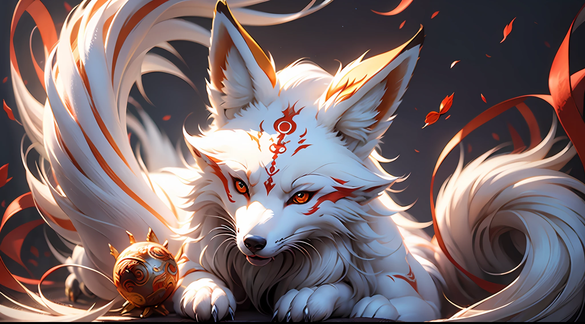 (Best quality: 1.3), (Masterpiece: 1.3), (Realistic: 1.4), (Details: 1.1), Nine Tails, Fox, White Fur, Super Fine, Super Flowing, Red Dragon Pattern on the Body, Red Eyes Bright and Gody, 9 Tails Upward, Dynamic, Mythical Background, Super Dreamy