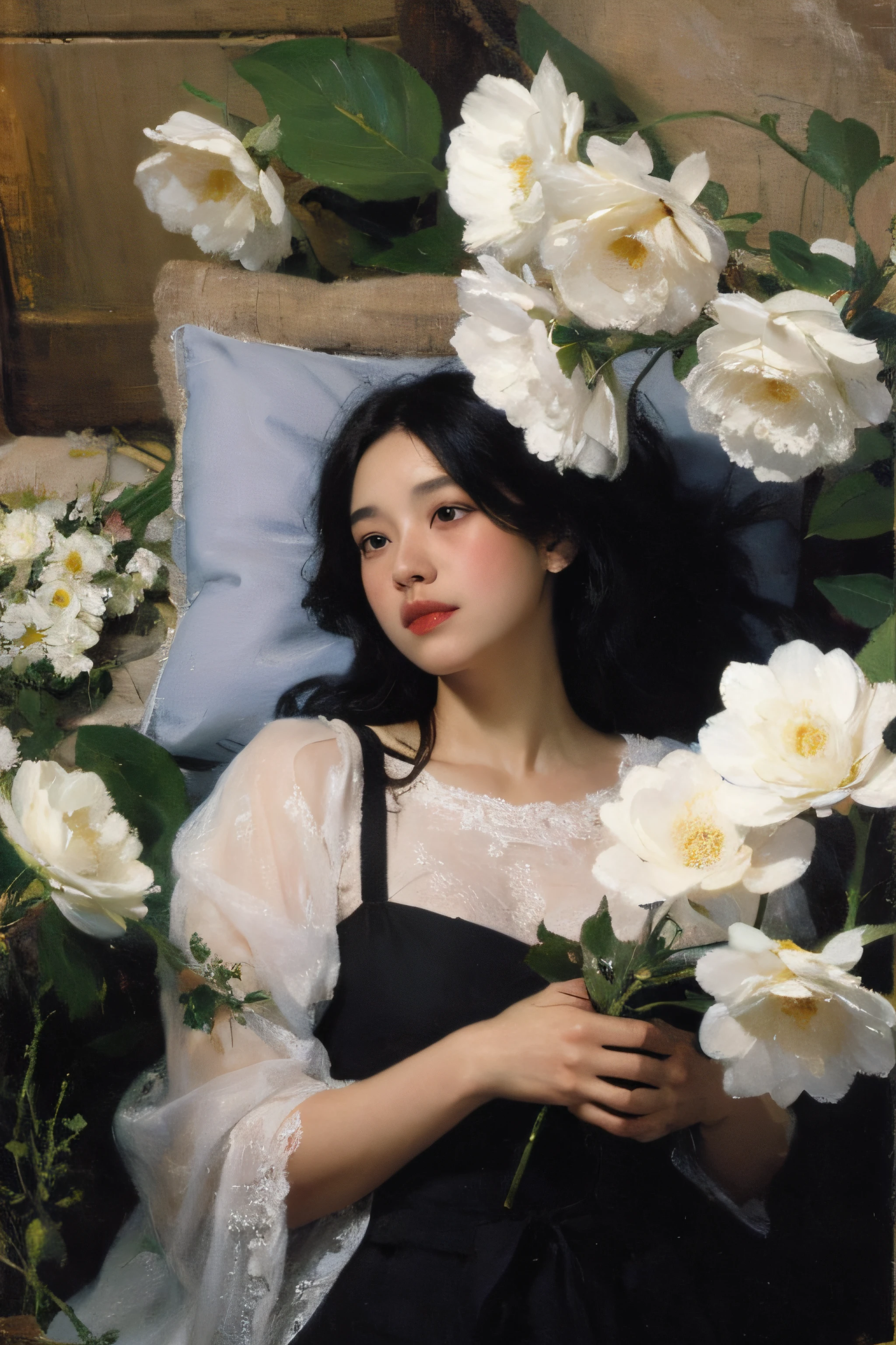 (oil painting:1.5),
\\
a woman with long black hair and white flowers in her hair is laying down in a field of white flowers, (amy sol:0.248), (stanley artgerm lau:0.106), (a detailed painting:0.353), (gothic art:0.106)