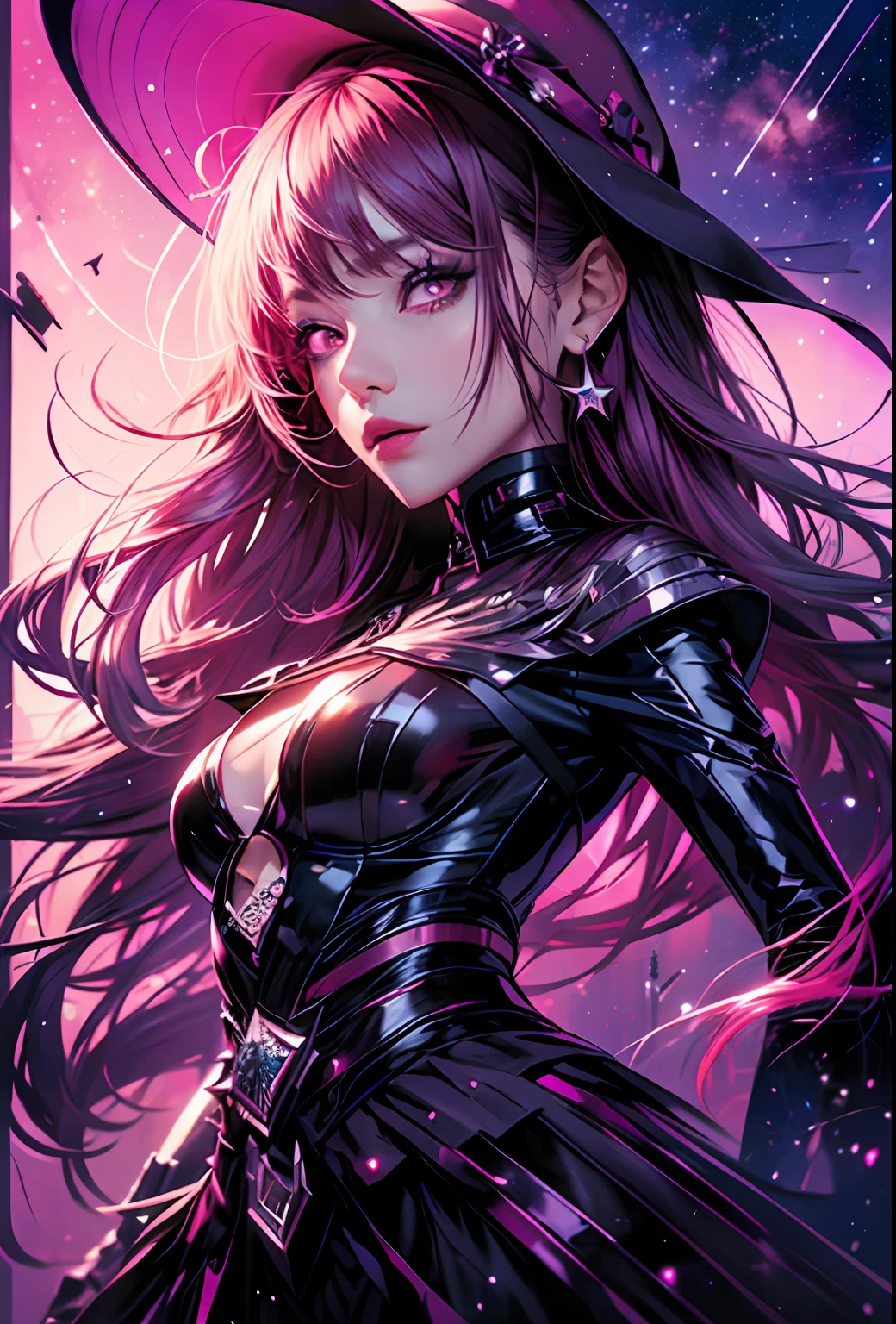 (dark magenta hair, long hair, straight hair, beautiful hair), (magenta eyes, starry eyes, beautiful eyes, eye highlights, sharp eyes)) ((1girl, (mature)), starry background