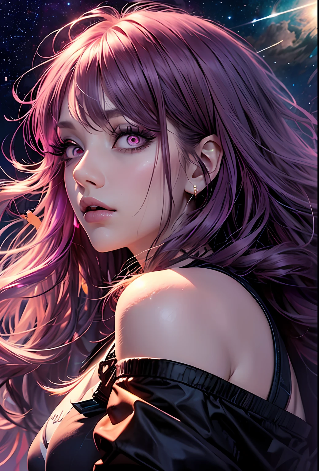 (dark magenta hair, long hair, straight hair, beautiful hair), (magenta eyes, starry eyes, beautiful eyes, eye highlights, sharp eyes)) ((1girl, (mature)), starry background