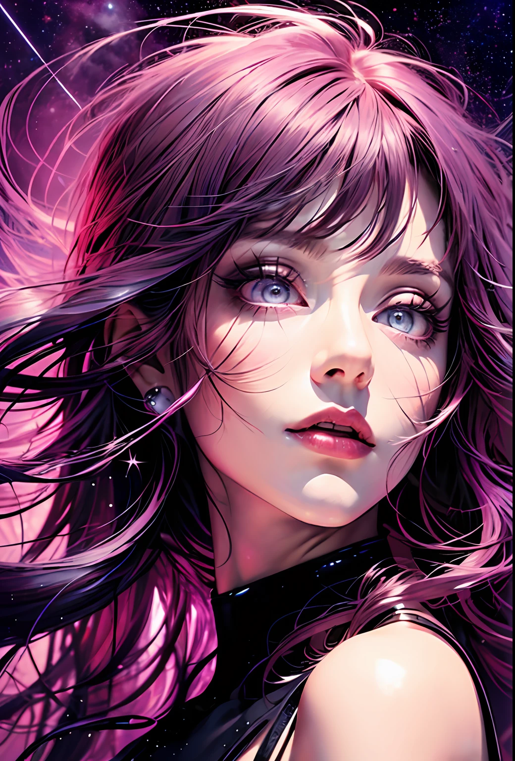 (dark magenta hair, long hair, straight hair, beautiful hair), (magenta eyes, starry eyes, beautiful eyes, eye highlights, sharp eyes)) ((1girl, (mature)), starry background
