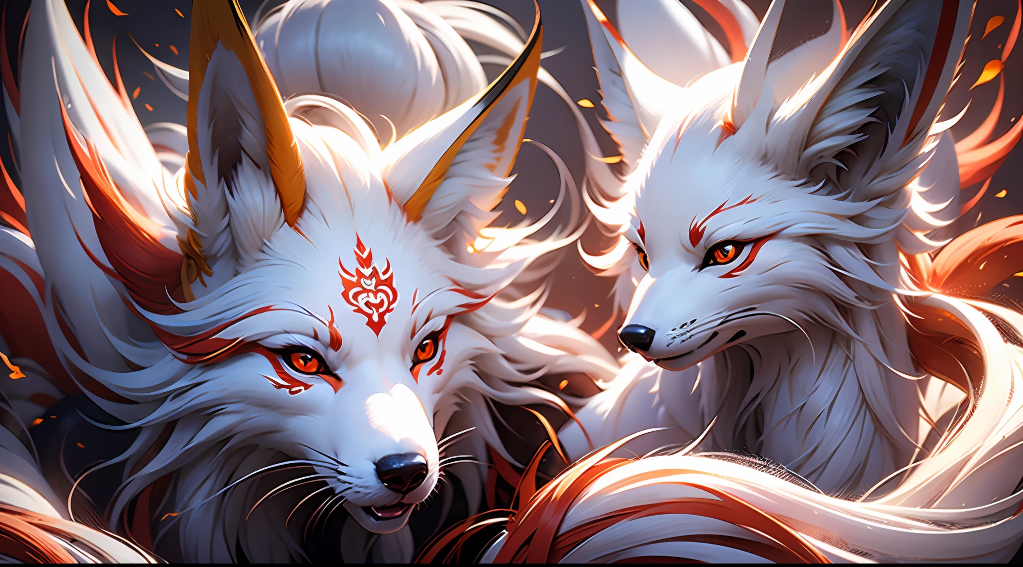 (Best quality: 1.3), (Masterpiece: 1.3), (Realistic: 1.4), (Details: 1.1), Nine Tails, Fox, White Fur, Super Fine, Super Flowing, Red Dragon Pattern on the Body, Red Eyes Bright and Gody, 9 Tails Upward, Dynamic, Mythical Background, Super Dreamy
