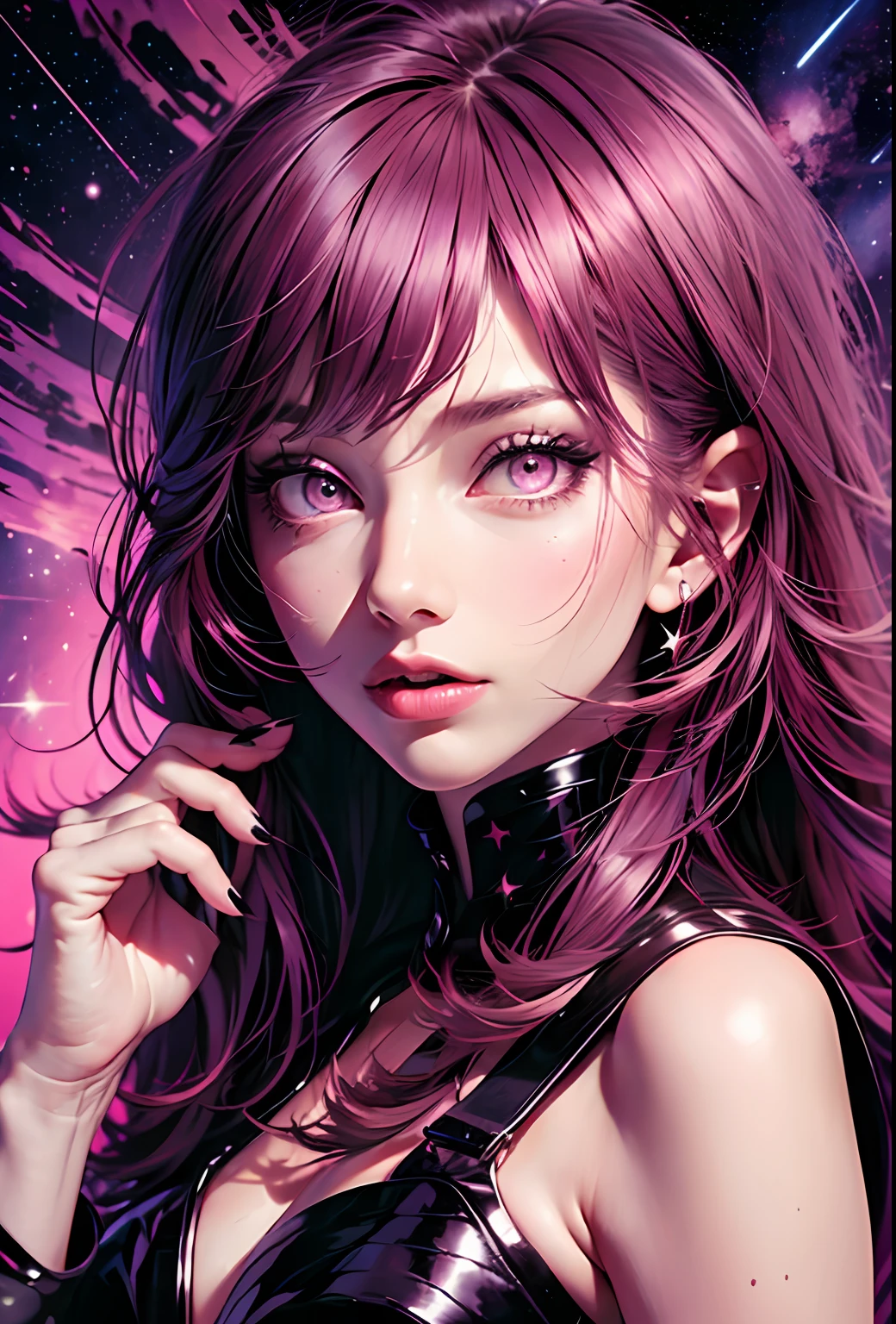 (dark magenta hair, long hair, straight hair, beautiful hair), (magenta eyes, starry eyes, beautiful eyes, eye highlights, sharp eyes)) ((1girl, (mature)), starry background