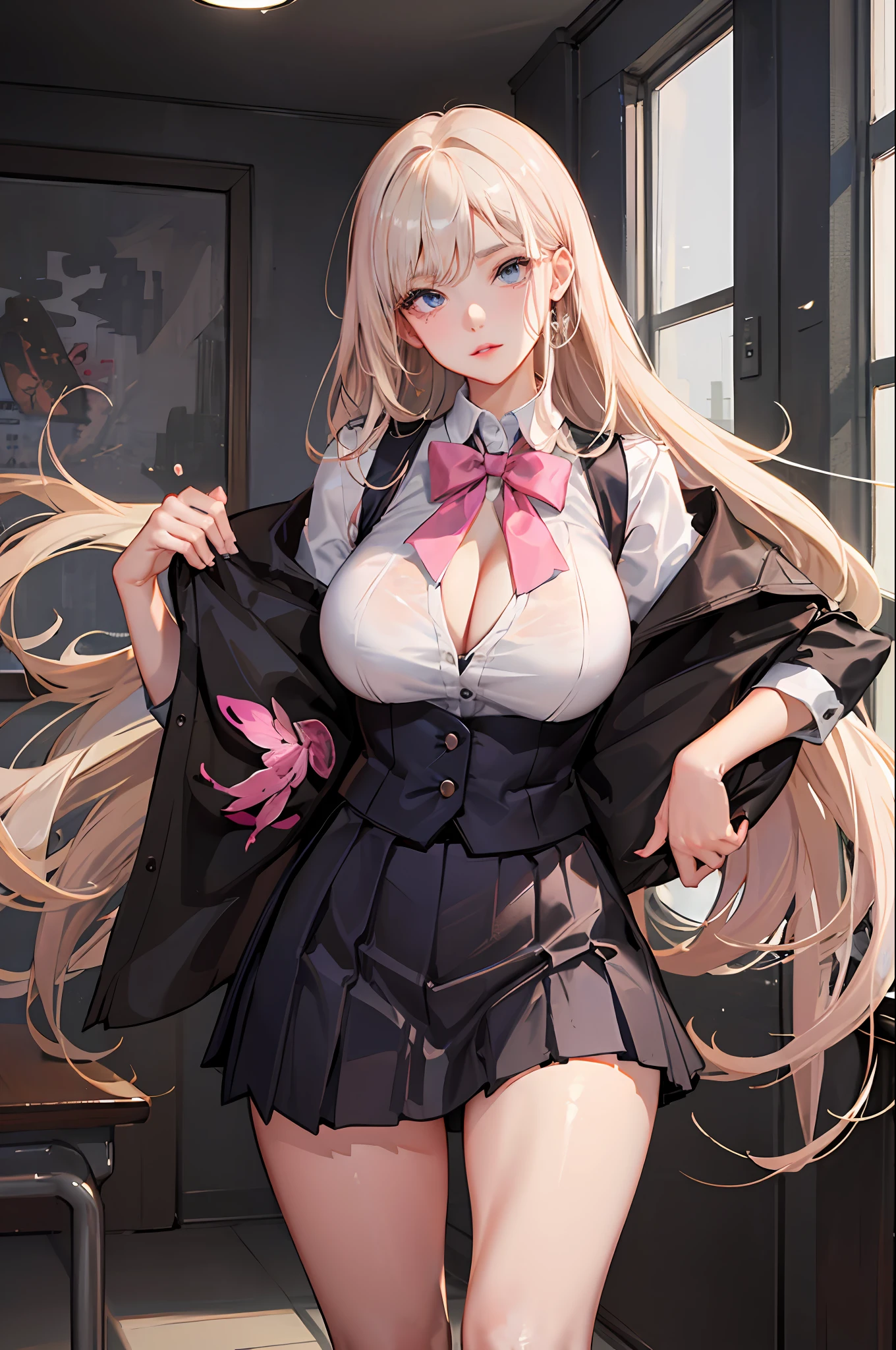 1girl, nsfw, masterpiece, best quality, slender girl with hourglass body and massive breasts, solo, pretty, cute, shy girl, ((girl wears white blouse, pink vest, brown pleated skirt, short skirt)), cleavage, sexy, girl shows enticing breasts, enticing thighs, ((platinum blond hair, long hair)), indigo eyes, detailed eyes, beautiful eyes, delicate eyes, ((hourglass body, sexy body)), correct anatomy, correct limbs, ((massive breasts, large breasts)), juicy lips, pouty lips, [detailed background (korean school, korean high school, Seoul, south korea)]