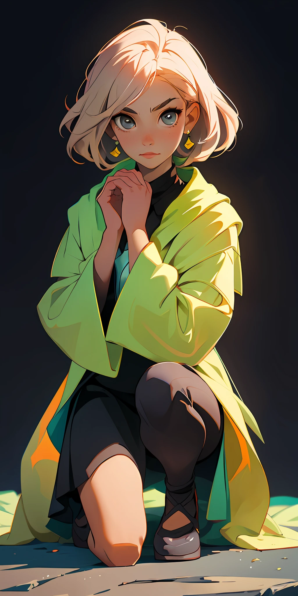 (masterpiece, best quality), 1girl, kneeled, hands on shoulders
