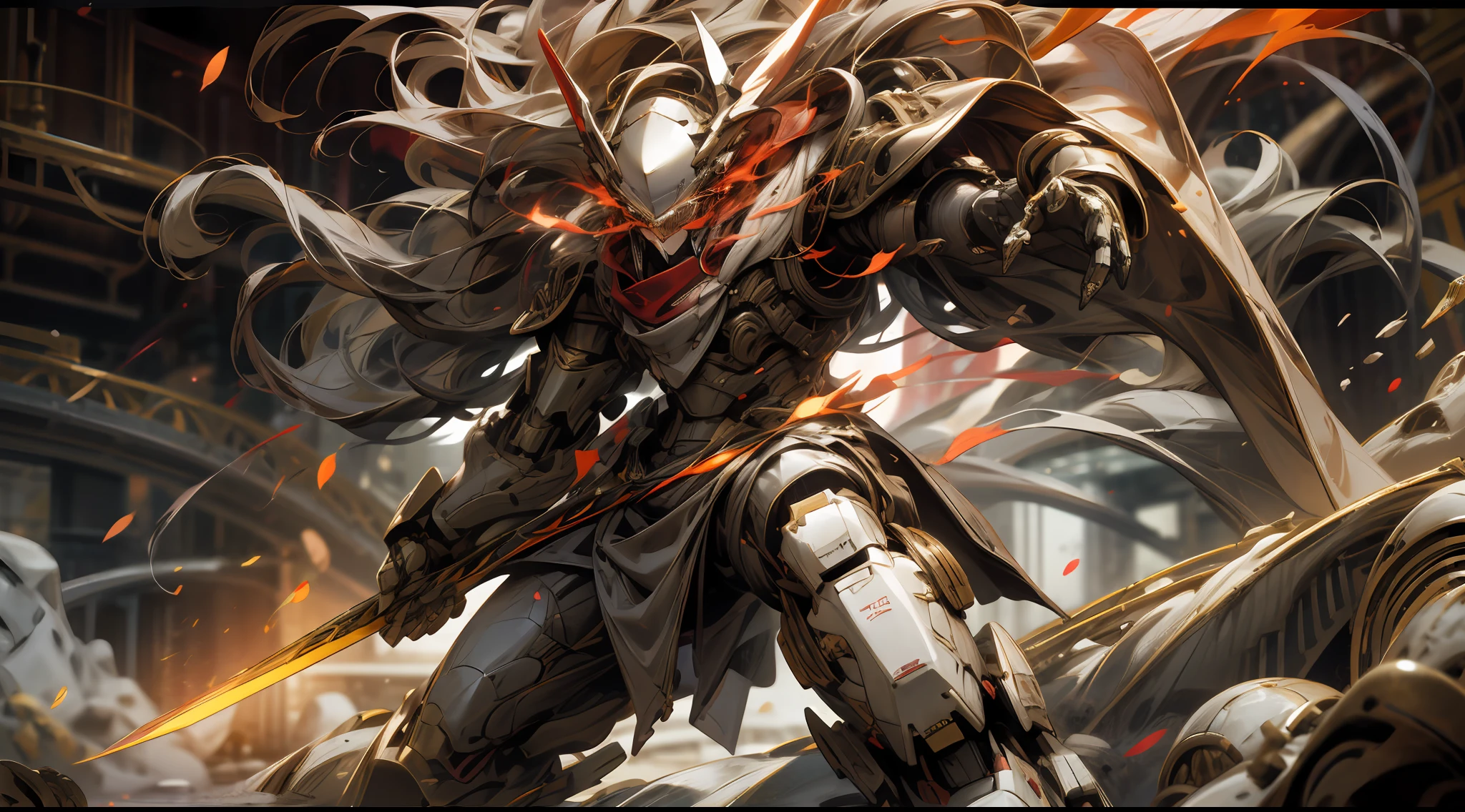 A beautiful game CG with the Doomsday theme as the main body, hyper-detailed, this is a light black and light white complex structure of the mecha, its hands hold a broad heavy armor sword, emitting a fiery red light: 1.2, the eyes emit dazzling red light: 0.8, 3D two-dimensional drawing, the scarf of breaking waves sways with the wind, anime drawing, chiaroscuro, light special effects, mecha detailed and exquisite, mecha face delicate and clear, light source on the eyes, background burning fire of the broken mechanical battlefield