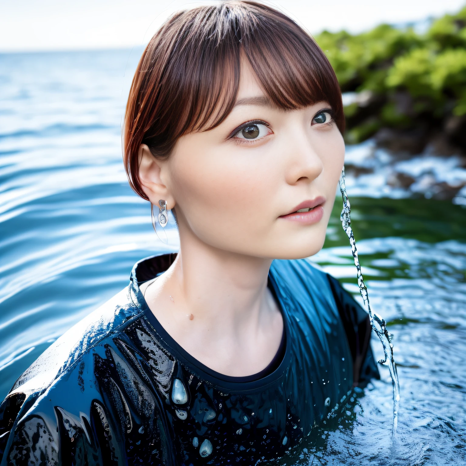 One woman, excellent, masterpiece, brown hair, black jacket, wet jacket, shiny jacket, wet shirt, white shirt, transparent shirt, shiny shirt, looking up, upper body, hair, , fair skin, side blades, soaking in the sea, wet clothes, wet hair, wet skin, underwear, rain, water droplets, disheveled hair, hair clinging to the face, shiny hair