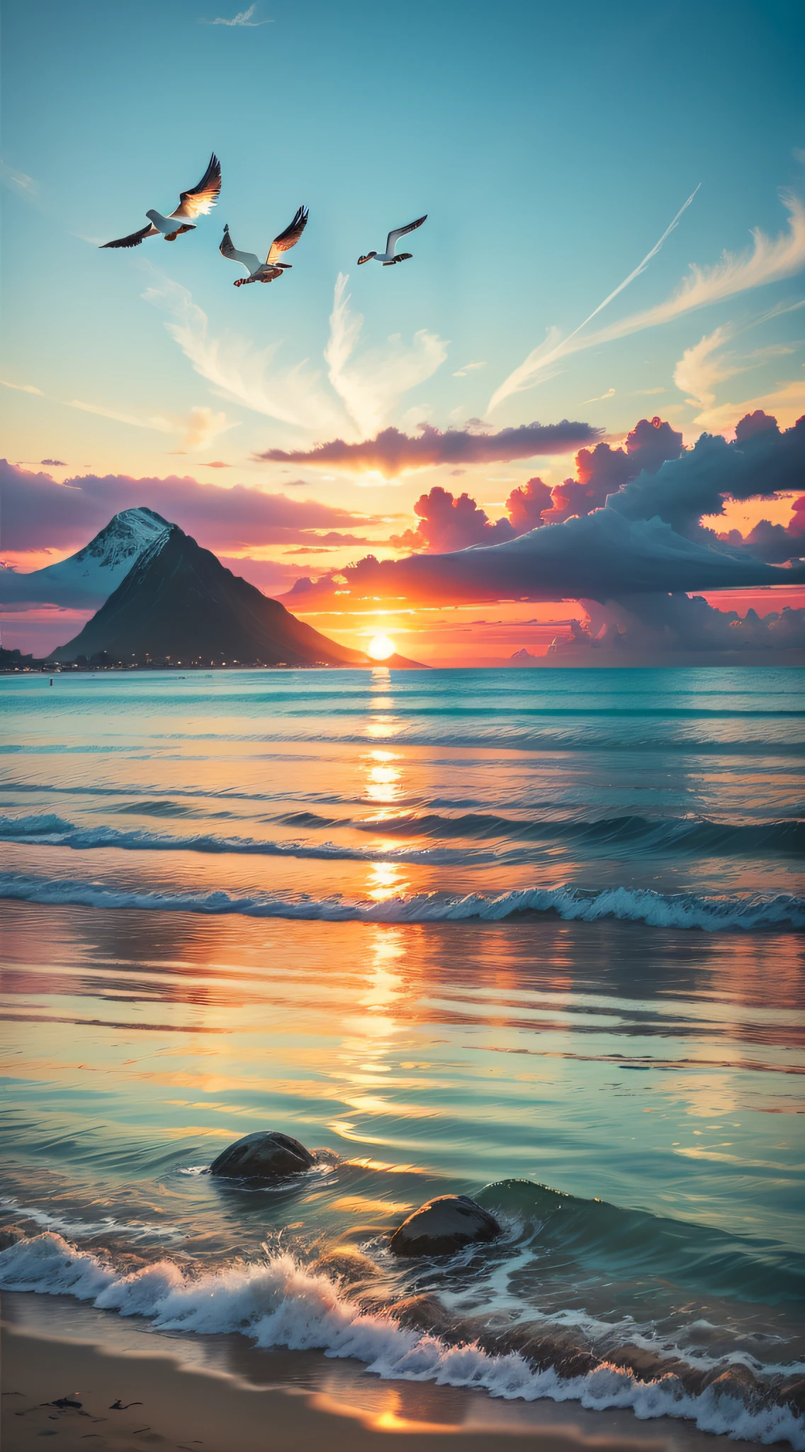 An absolutely mesmerizing sunset over the mountains, with a blend of oranges, pinks, and yellows filling the sky. Crystal-clear waters of the sea gently kissing the mountains, with sandy white beach stretching far and wide. The scene is dynamic and breathtaking, with seagulls soaring high in the sky and gently swaying palm trees. Take in the calming atmosphere and let the peacefulness wash over you.
