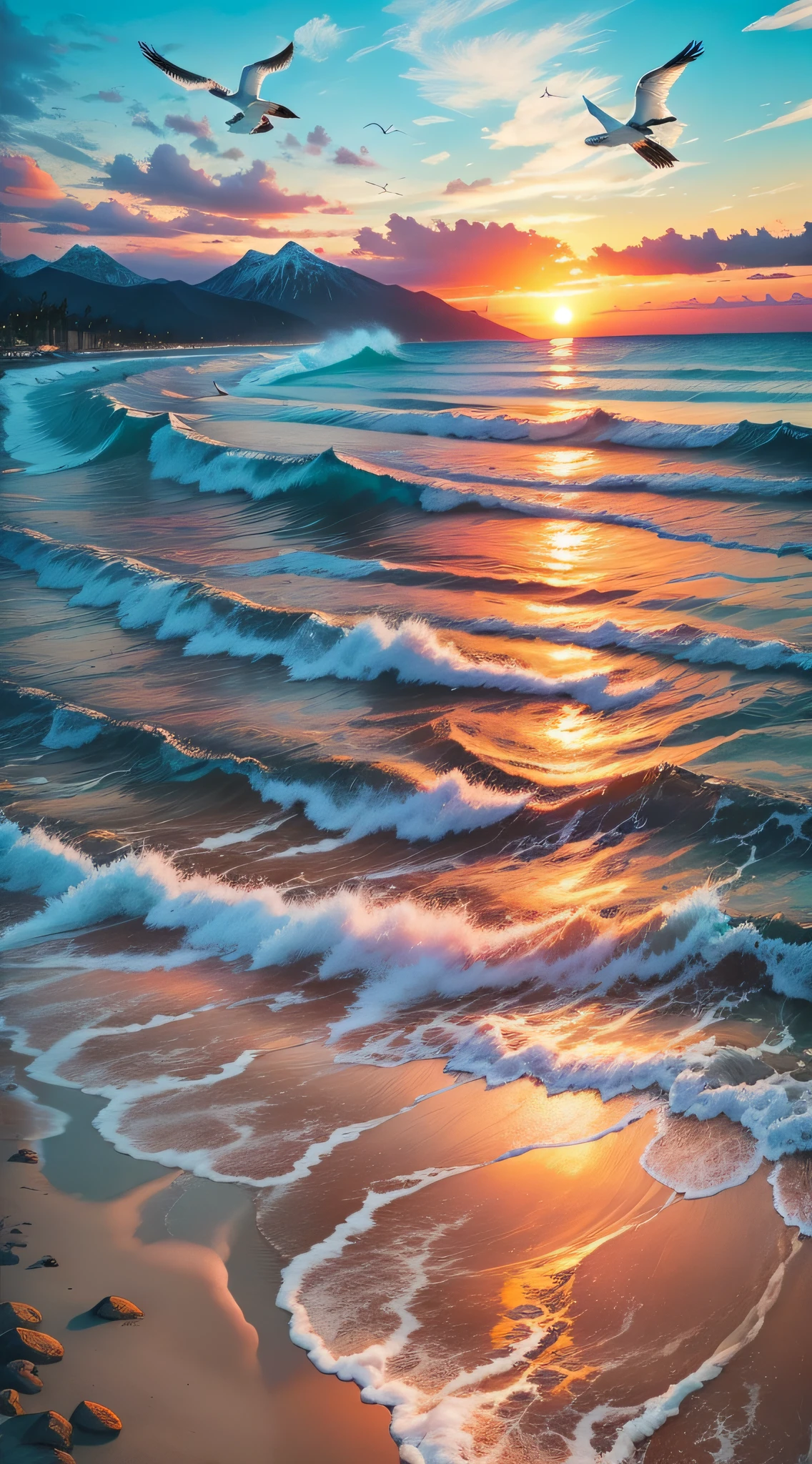 An absolutely mesmerizing sunset over the mountains, with a blend of oranges, pinks, and yellows filling the sky. Crystal-clear waters of the sea gently kissing the mountains, with sandy white beach stretching far and wide. The scene is dynamic and breathtaking, with seagulls soaring high in the sky and gently swaying palm trees. Take in the calming atmosphere and let the peacefulness wash over you.