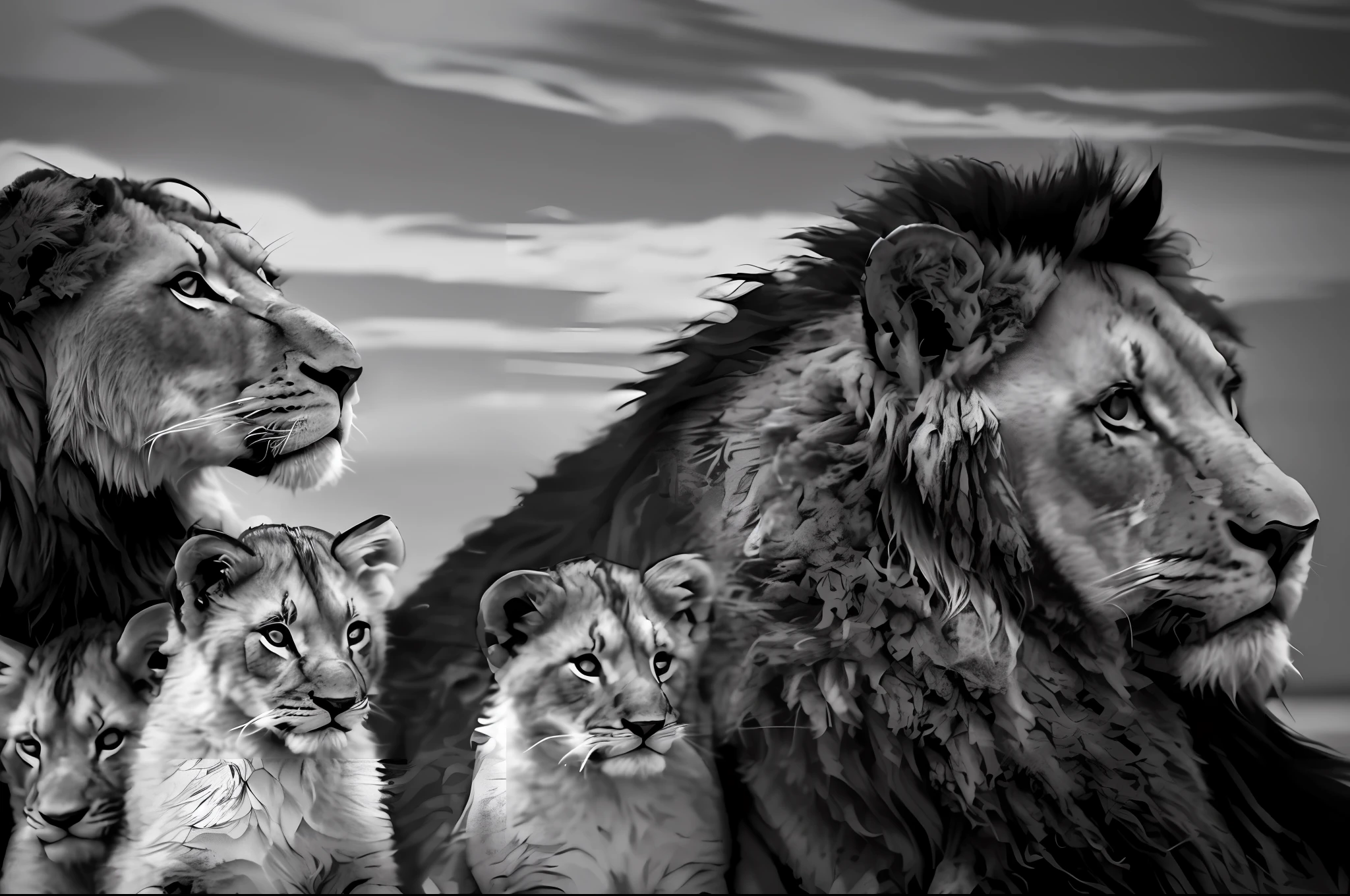 ((Grayscale photograph), ((Realistic hair)), there are a lot of lions that are standing together, lions, proud look, proud look, family photo, family portrait, king of the jungle, trend photo, trend, lion, wildlife animals, majesty, a lioness in the background, (((black background)), lion, looking forward, animals ruling the world, looking straight, puppy, lioness, contemplating