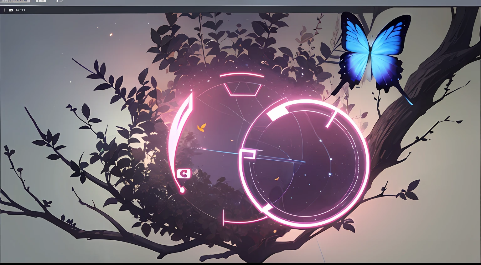 UI interface frame design, simple background, circle, leaves, branches, vines, flowers, small butterflies, particle effects, delicate