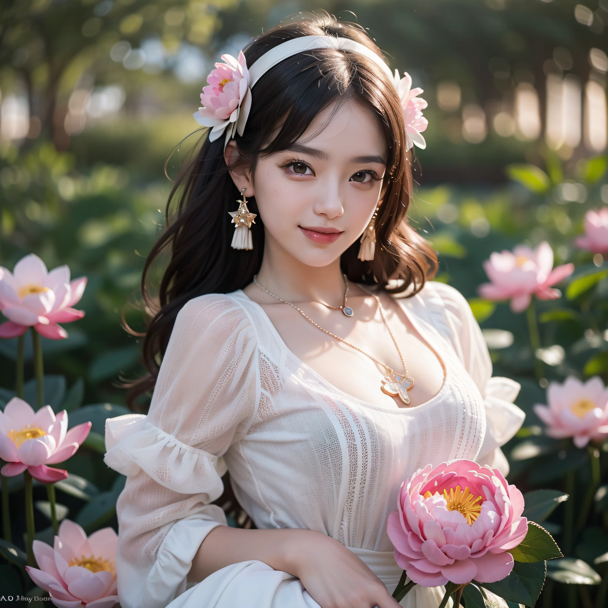 Best, Masterpiece, High Resolution, 1 Girl, Blush, (Seductive Smile: 0.8), Hair Accessory, Necklace, Jia, Tyndall Effect, Realism, Light Edge, Two-tone Lighting, (High Detail Skin: 1.2), 8K Ultra HD, DSLR, High Quality, Volume Lighting, Sneak Peek, Photo, High Resolution, 4K, 8K, Background Bokeh, Gorgeous Clothes, Earrings, 35mm, High Detail Hair, Upper Body, Bust, Portrait, Ultra Clear Face, (Lakeside, Meadow)