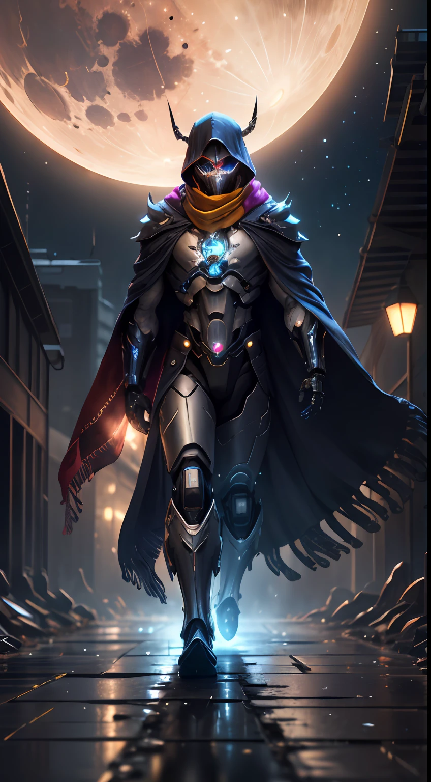 realistic,shiny,reflective,bioluminic, galactic cybernetic mask,mecha,(assassin:1.2),((((scarf,long cloak)))),sh4g0d,GlowingRunes_red,fullbody,cinemnatic,dark background,starry,big moon,backlight,high contrast,