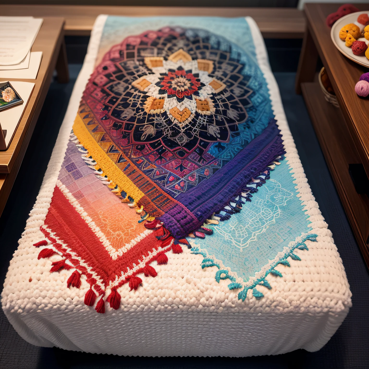crochet towel with mosaic designs, very colorful, many details, photorealistic, lots of definition, vibrant colors, --auto