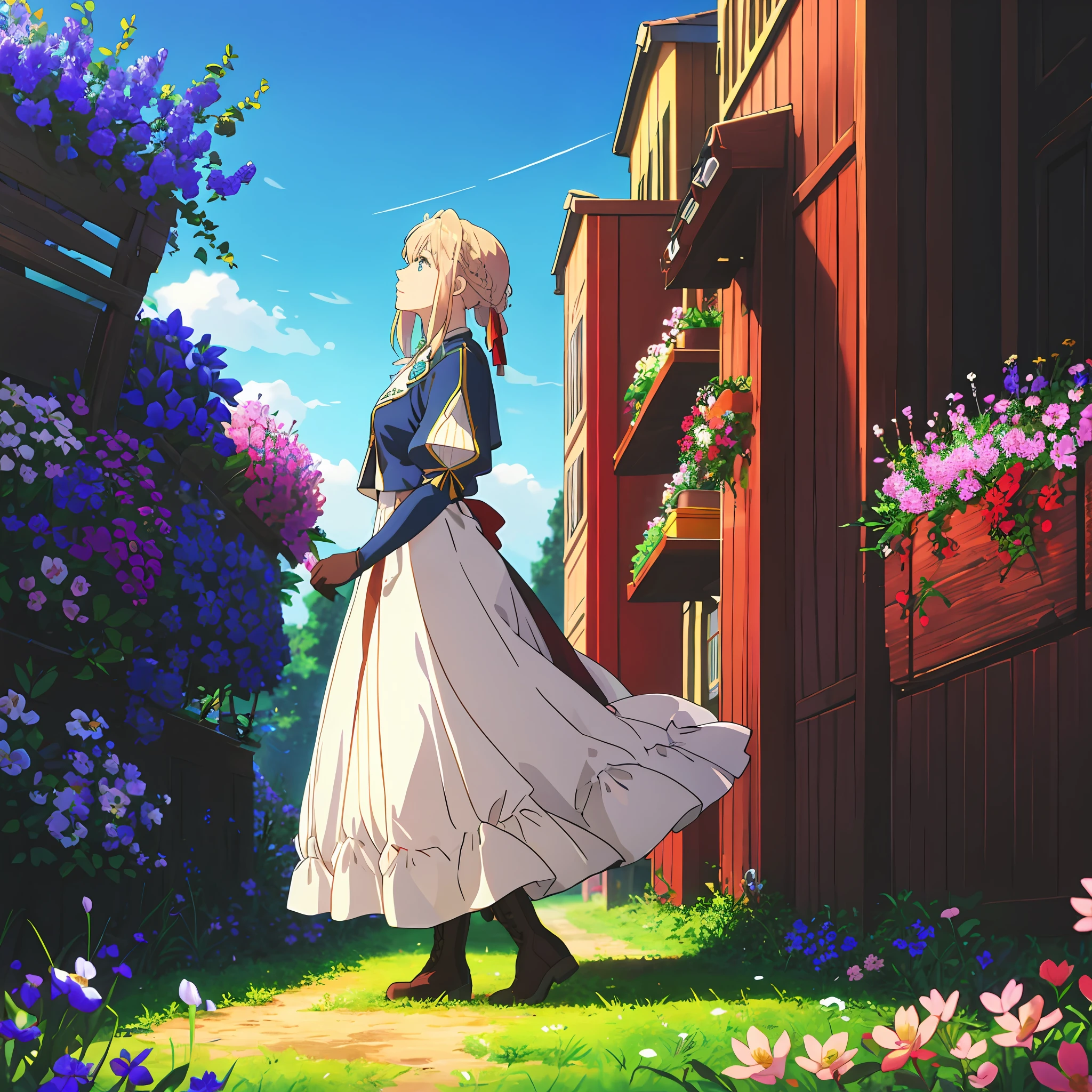 Violet evergarden, brooch, ,blue eyes, jacket, blonde, braid, red ribbon ,puffy sleeves, gloves, 1girl, solo ,from side, sky, flowers field, best lighting, full body, boots, looking up, long skirt,