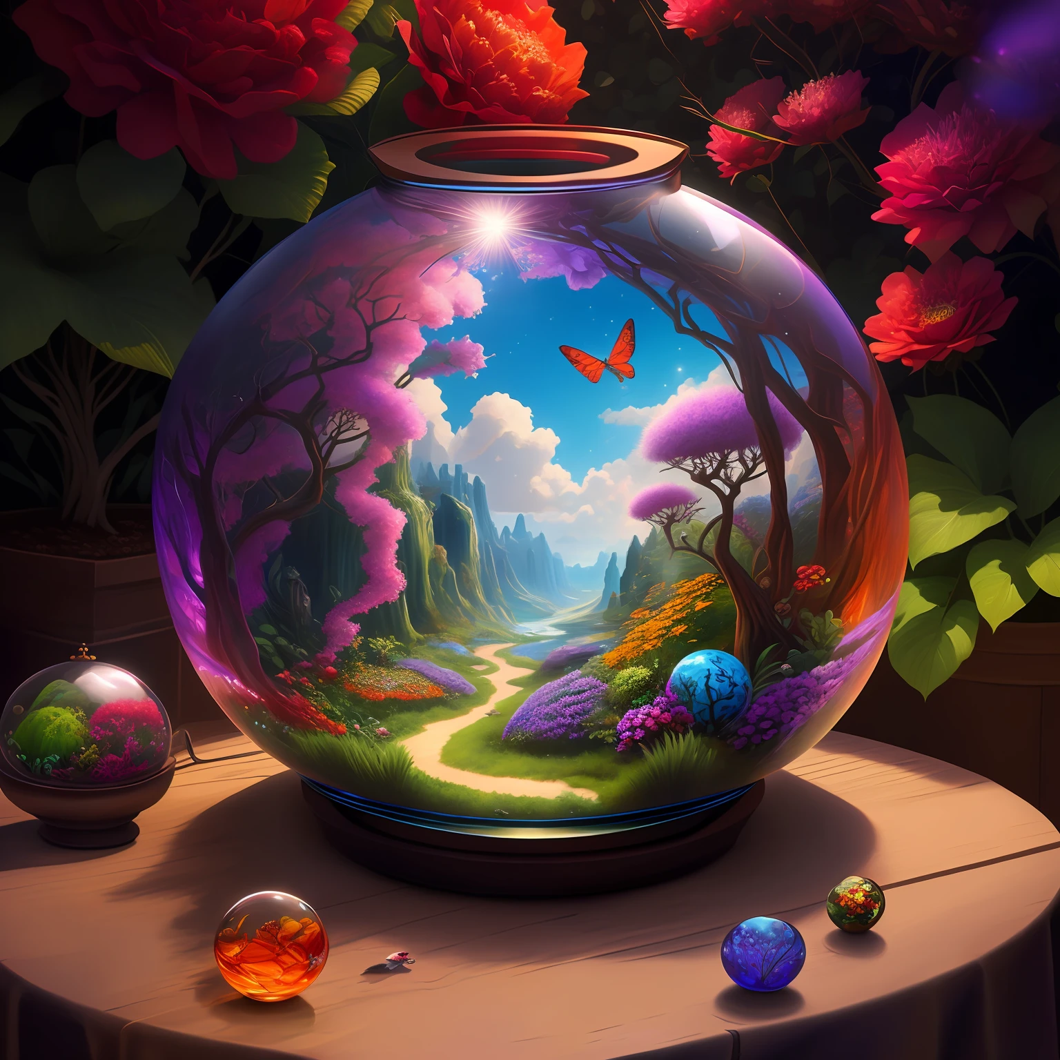 there is a vase with a painting on it sitting on a table, graphic of enchanted terrarium, dreamscape in a jar, magic world. colorful, fantasy digital painting, whimsical fantasy landscape art, beautiful digital painting, highly detailed digital painting, very detailed digital painting, realistic fantasy illustration, fantasy painterly style, fantasy art behance, stunning digital painting