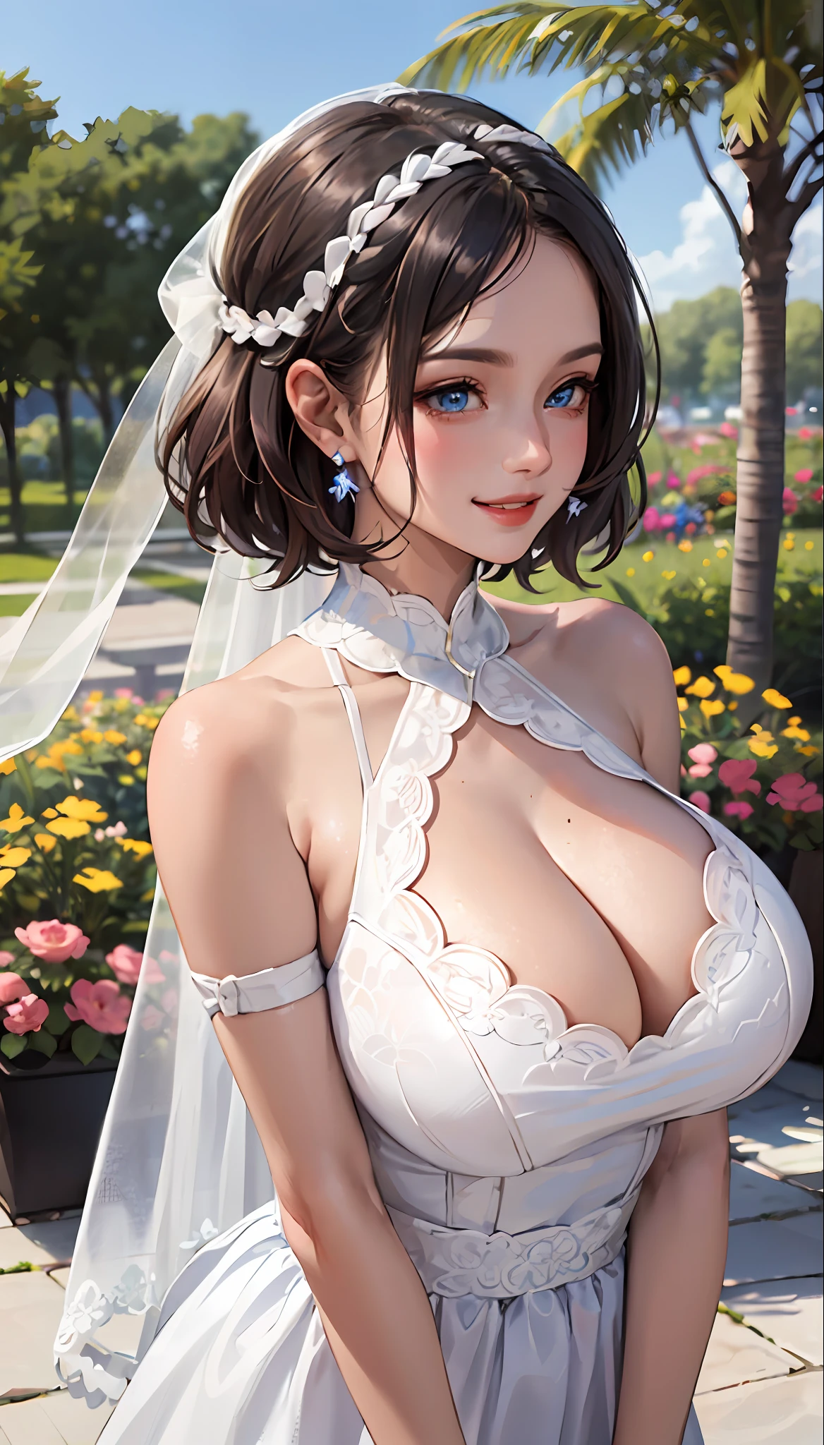 (Masterpiece,: 1.2, Best Quality),(1 Lady, Solo, Upper Body: 1.2), Clothing: White Wedding Dress, Exposed Breasts Accessories: Hairpins Hair: Blue Shoulder-length Short Hair Makeup: Natural ,,, Glow Skin, Behavior: Relaxed, Carefree, Free-spirited, Smile Location: Garden, blue eyes, very huge breasts,