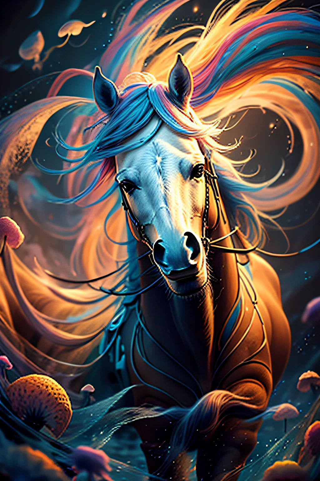 a painting of a colorful horse on a black background, breathtaking render, within a radiant connection, inspired by Kinuko Y. Craft,, magical elements, wow, The are beautiful, casting a multi colorful spell, bright flash, flash