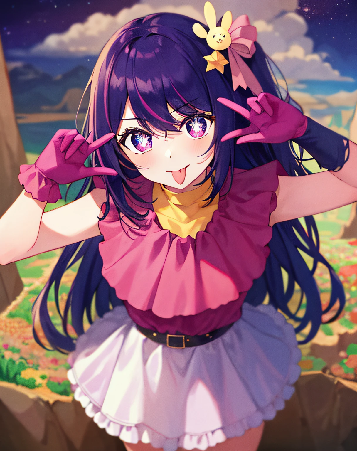 1girl, full body, cowboy shot,
(Rembrandt), illustration, (masterpiece), (best quality), (ultra_detailed), finely detail, (Depth of field),
HshinoAi,gloves, tongue out, tongue, long hair, star \(symbol\), looking at viewer, (purple hair:1.2), purple eyes, upper body, hair ornament, :p, frills, pink shirt, smile, sleeveless, shirt, idol, symbol-shaped pupils, hands up, bangs, one side up, star-shaped pupils, arms up,
dress pull,
Roaring Twenties, isometric, from above, sky, flower, cliff,