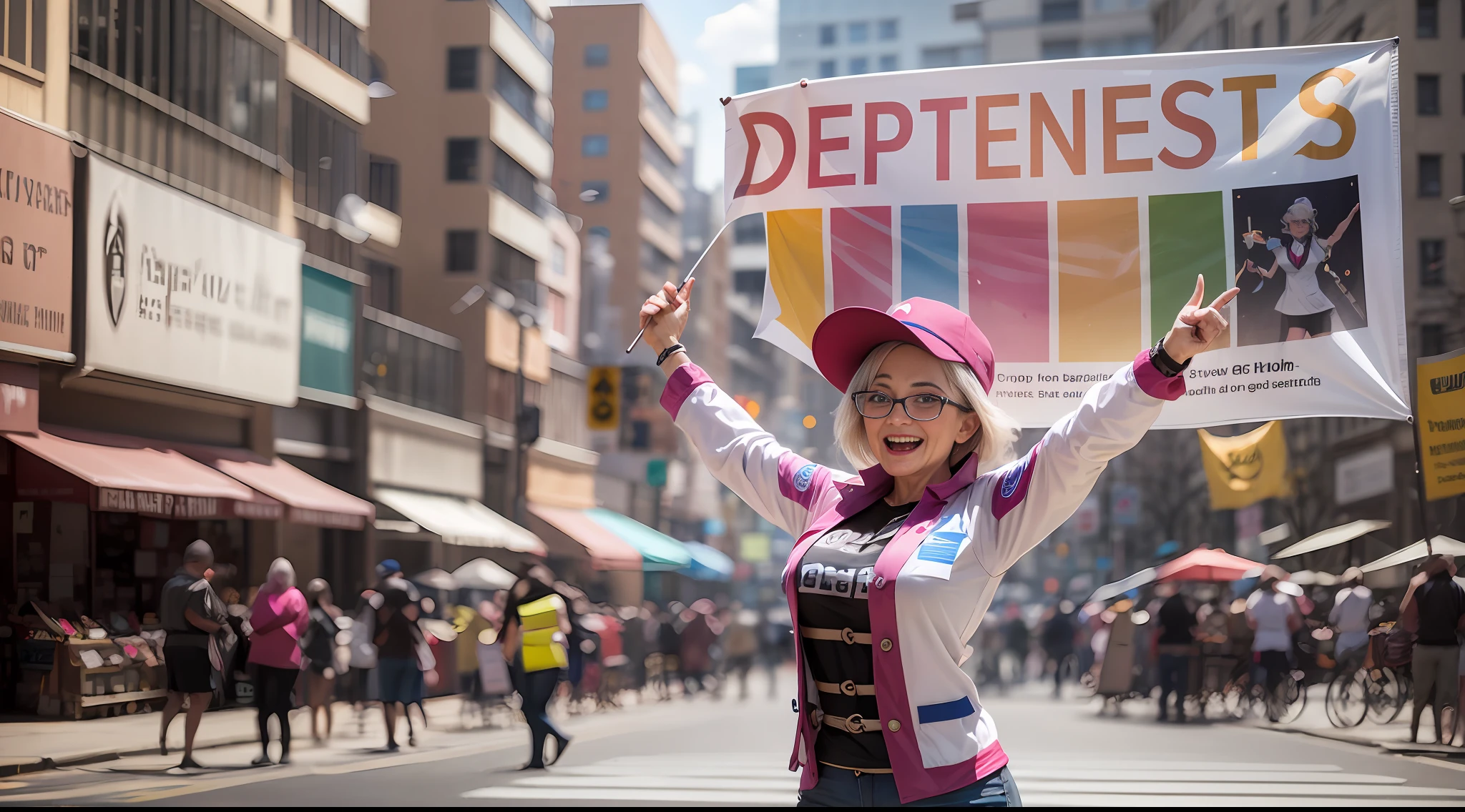 Middle-aged woman, dressed in eye-catching costume, holding a banner with an excited expression, throws a brightly colored banner in front of the camera with the words Stop Experimenting and Stop Deceiving, Masterpiece Best Quality High Detail High Quality
