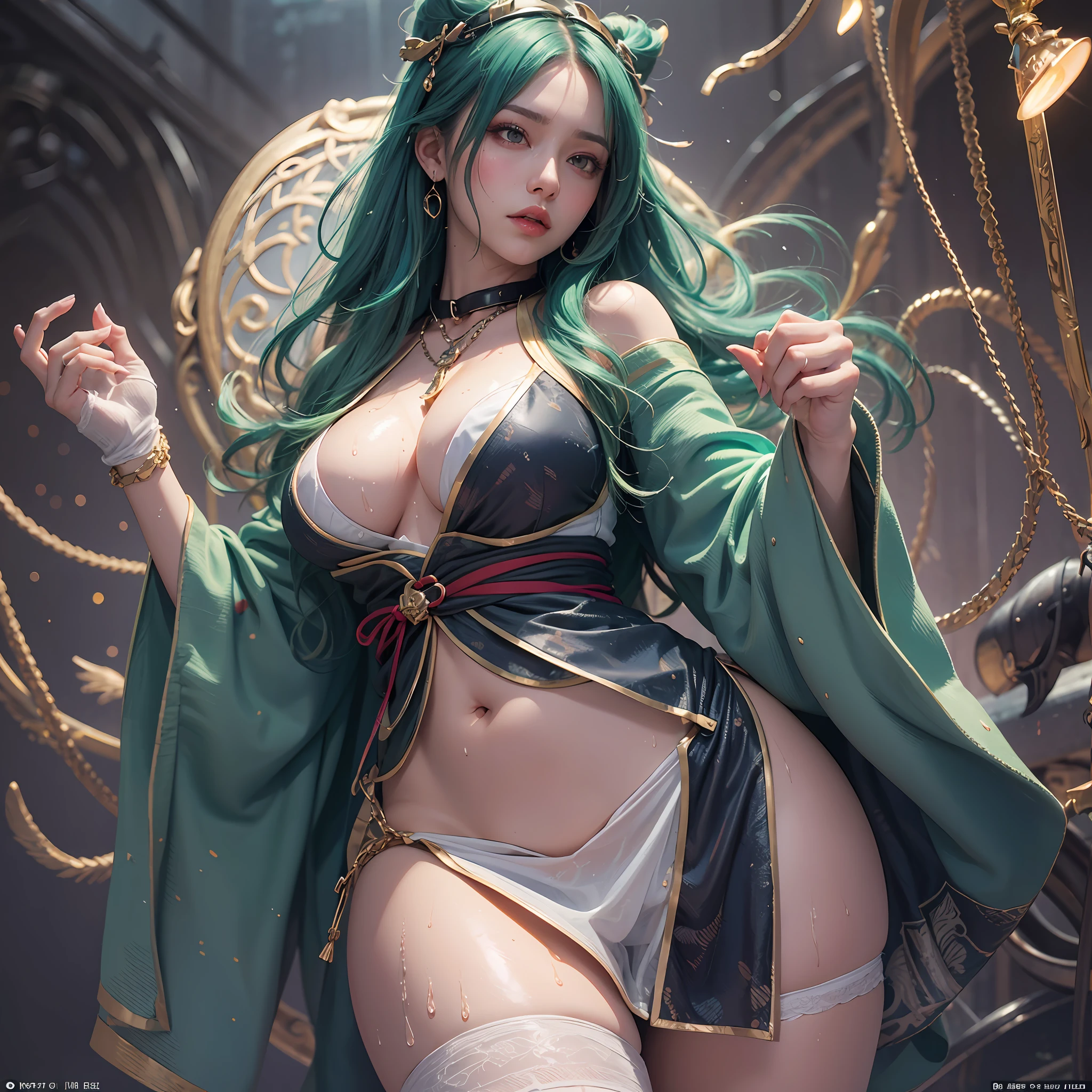 masterpiece, dynamic, detailed drawn skin, impressive lighting, green hair, long hair, big, torn clothing, shy, blush, five fingers, woman, beauty, cute, wet, low angle, no panty,, fluttering clothes, thick thighs, embarrassed, kimono Long sideburns 1 girl, Beautiful photorealistic prestige KDA All Out League of Legends Ahli, blush, shibari, big cleavage, breast hollows, slave collar, chain around neck, high fantasy, gravure, lewd, big, very detailed, 8k, high resolution, solo, big juicy lips, thick juicy thighs, makeup, large shiny breasts, gloves, Watch the viewer, photorealistic, cinema 4D, octane rendering, innovative, sexy, curvaceous but slender, mystical aura, smoky mist around Ahli, using advanced machine learning, exposed camel toes, sub-magazine photo styles, Pixiv trends, civic trends, perfect composition, SFW, professional quality, Unreal Engine Wet Japanese style yukata nipple