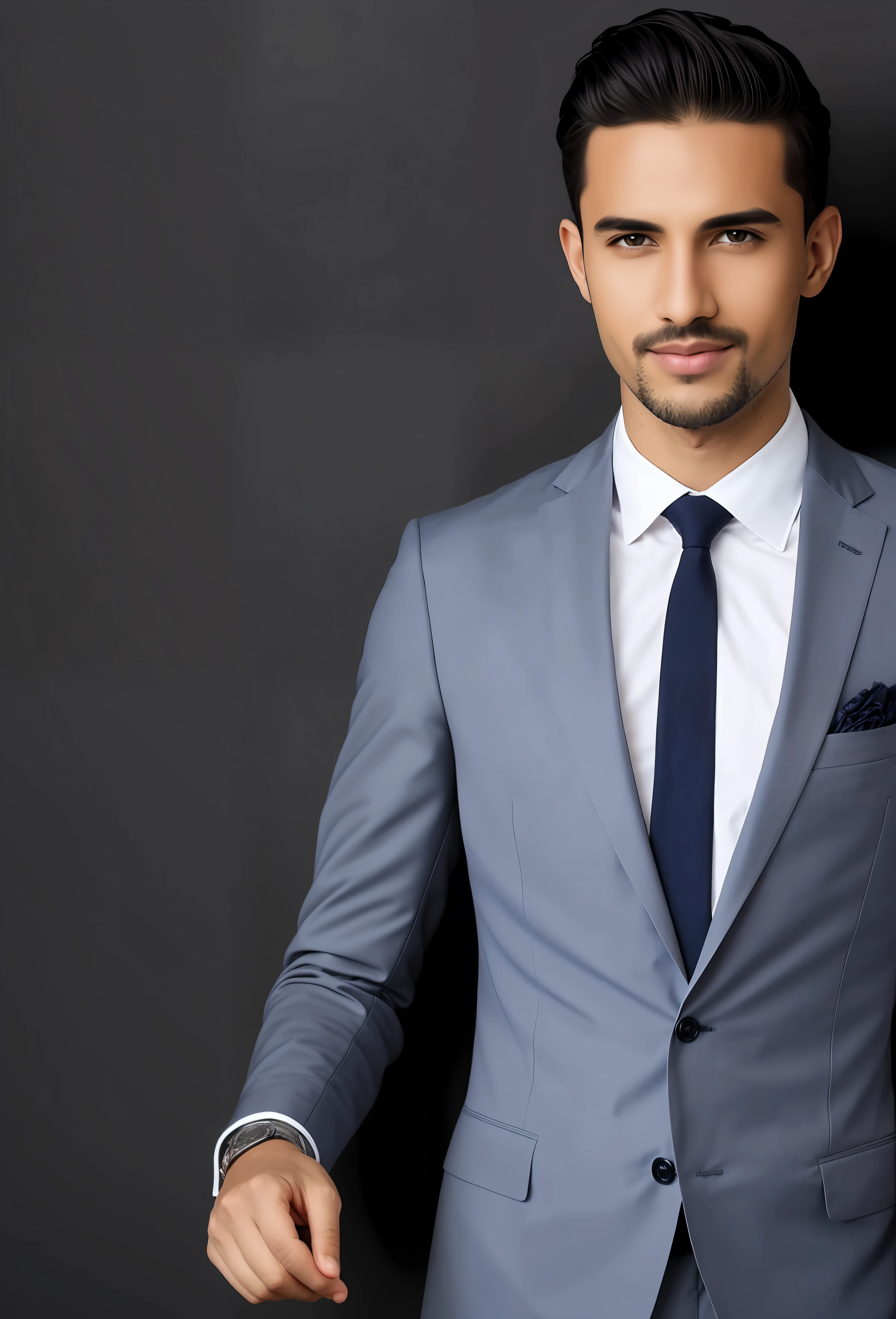 undercucho, headshot, (jacked charlzcjm, bright hazel green eyes), (curly low fade haircut:1.14), (sunburned skin, 5 o'clock shadow) ((smirking, buff)), detailed face, detailed iris, full lips, ((cute, wearing a modern luxury dark navy blue suit, pocket handkerchief, buff, wavy low fade haircut)), ((grey background, symmetrical facial features)), intricate details, studio lighting, 80mm, portrait, shallow depth of field, CEO, smirking, happy 8k uhd, dslr, soft lighting, high quality, film grain, Fujifilm XT3