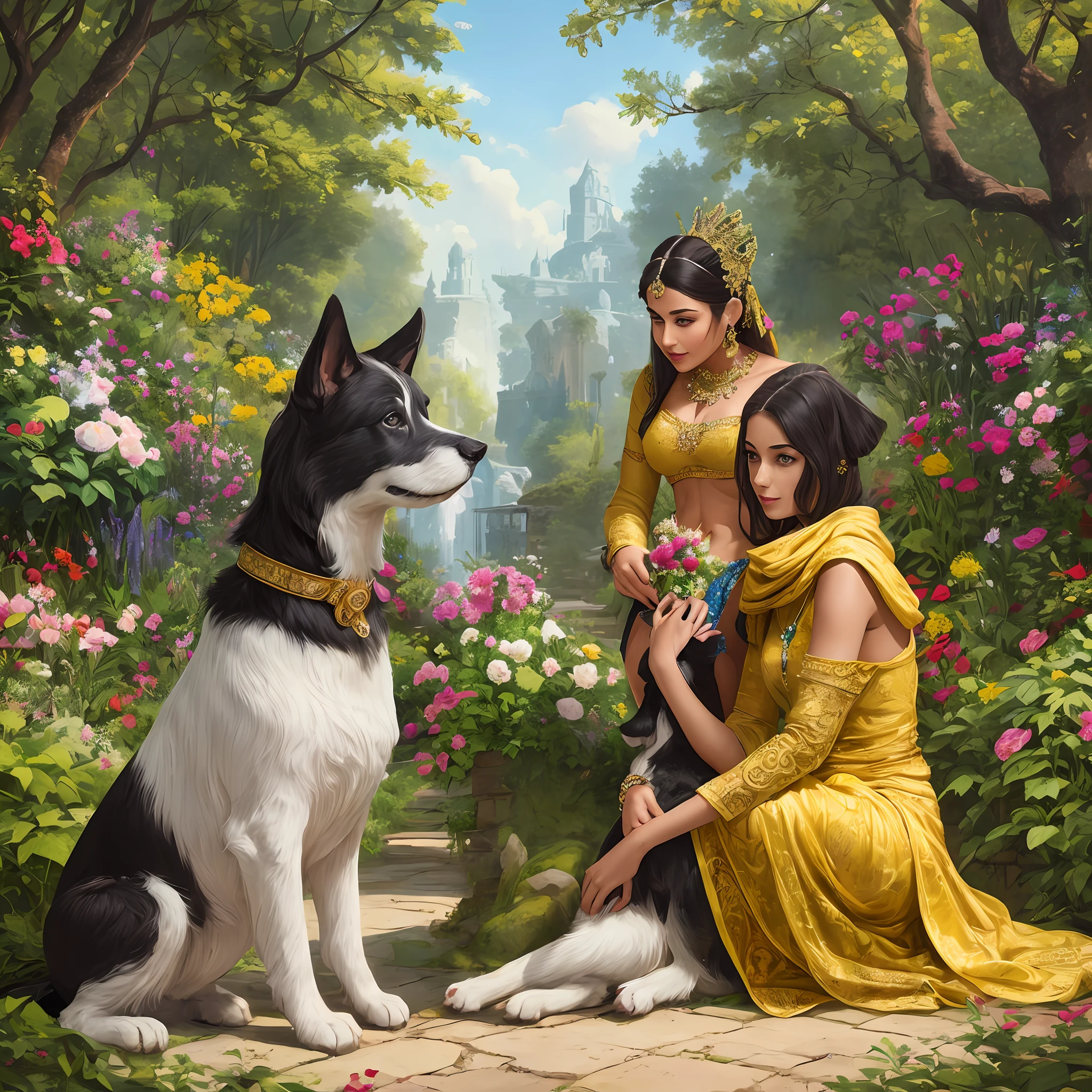 "Indian princess showcasing her toned stomach and long legs, adorned in an elegant jeweled light yellow dress, amidst a picturesque garden. Playfully interacting with her dogs. Realistic depiction with intricate details." --auto