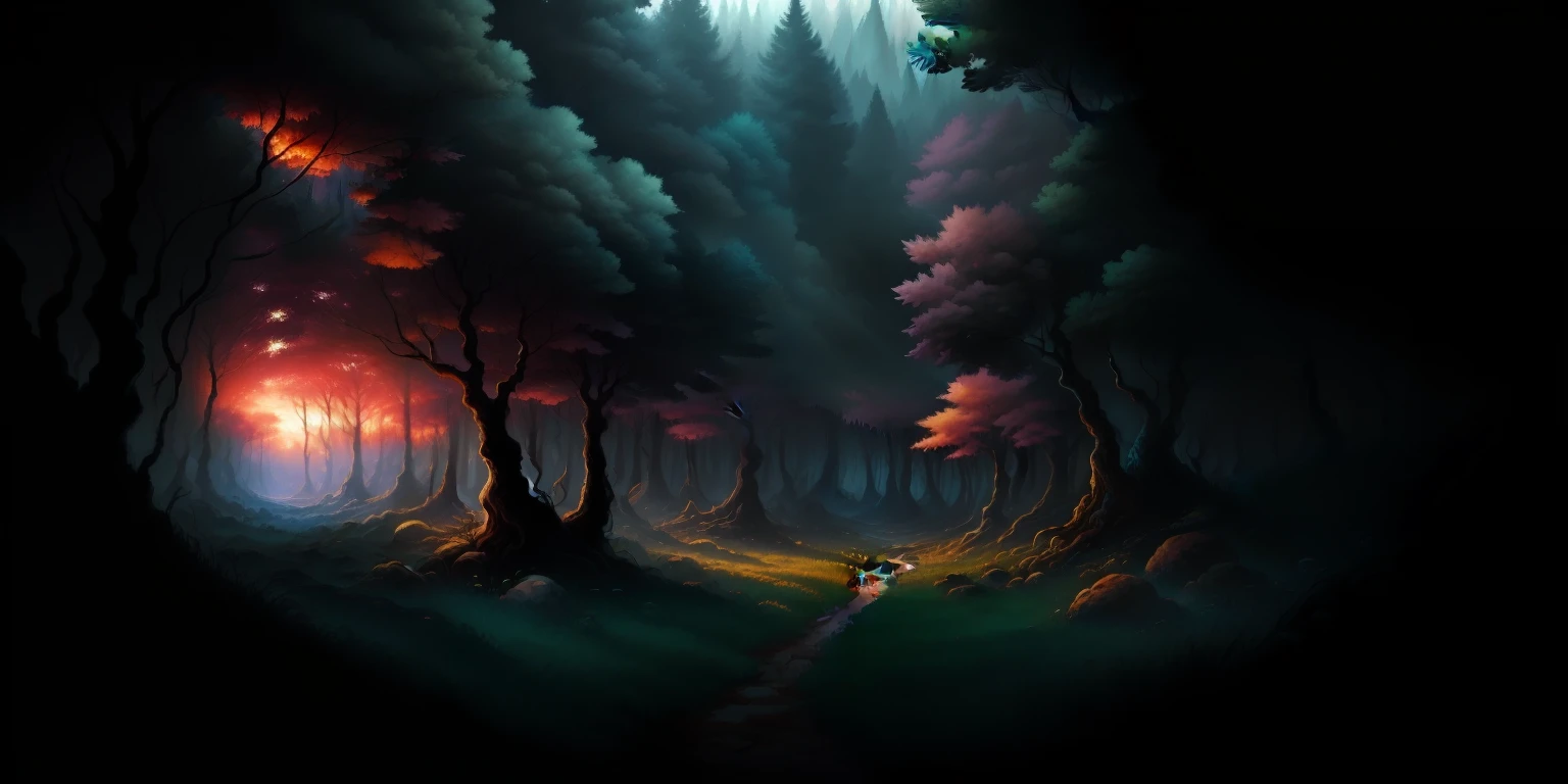 landscape on a strange alien planet, twin suns, atmospheric colours, fields, trees in the background, dense foliage, animals, picturesque, photo, synthwave