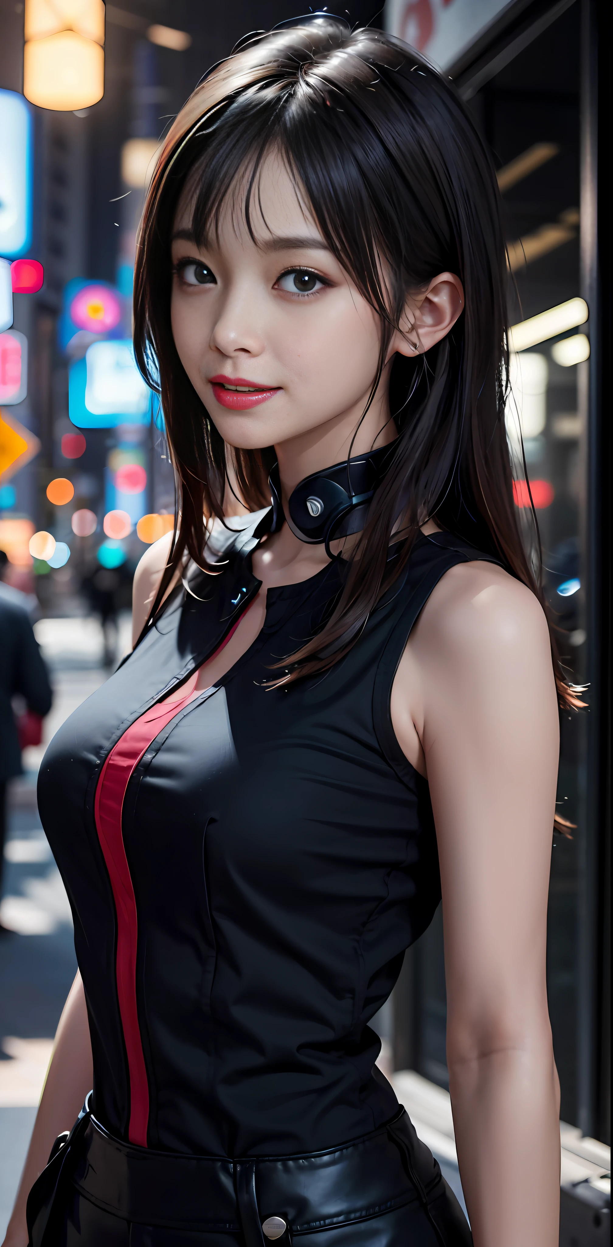 Masterpiece, 1 Beautiful Girl, Detailed, Swollen Eyes, Top Quality, Ultra High Resolution, (Reality: 1.4), Original Photo, 1Girl, Cinematic Lighting, Smiling, Japanese, Asian Beauty, Korean, Clean, Super Beautiful, Little Young Face, Beautiful Skin, Slender, Cyberpunk Background, (ultra realistic), (high resolution), (8K), (very detailed), (best illustration), (beautifully detailed eyes), (super detailed), (wallpaper), (detailed face), viewer looking, fine detail, detailed face, pureerosfaceace_v1, smiling, 46 point slanted bangs, looking straight ahead, neat clothes, dark colored eyes, clothes sleeveless, body facing front,