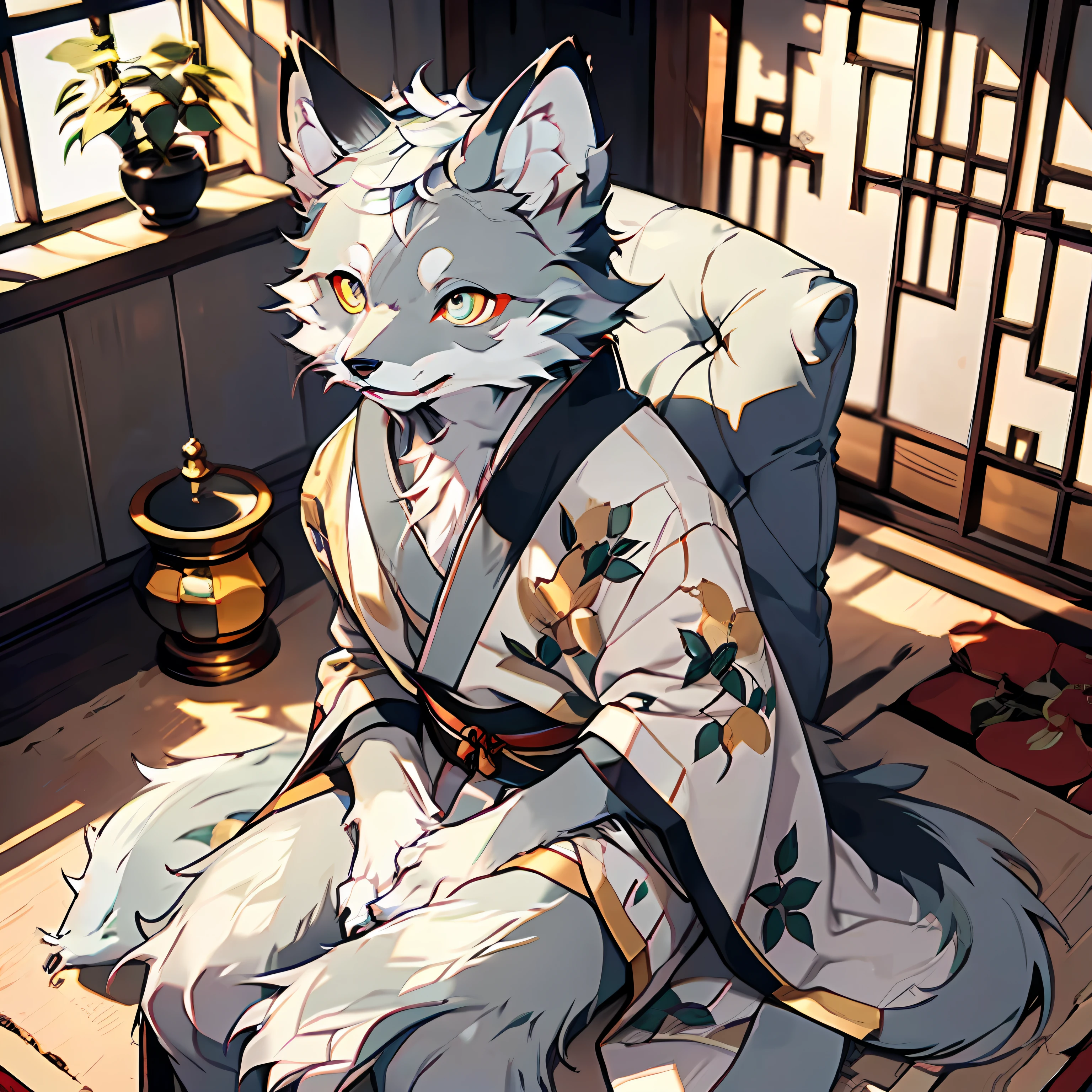 (Best Quality), (Masterpiece), (((Single))), (Ultra Detailed), (Furry), Full Body Furry, Furry, (Male Arctic Fox: 1.5), (Gray Skin: 1.3), (Gray Fur: 1.3), (Golden Eyes), ((Canine Paws)), ((Gray Paws)), (Gray Ears), Sharp Focus, (Furry Feeling of Animal Ears), Sitting cross-legged on a cushion, wearing a traditional Chinese robe, in a traditional Chinese room, Natural light