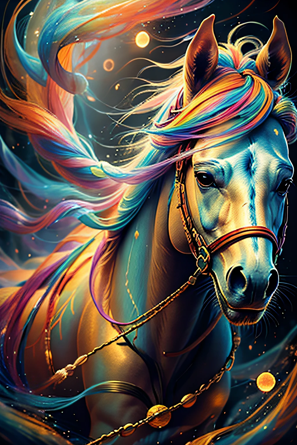 a painting of a colorful horse on a black background, breathtaking render, within a radiant connection, inspired by Kinuko Y. Craft,, magical elements, wow, The are beautiful, casting a multi colorful spell, bright flash, flash