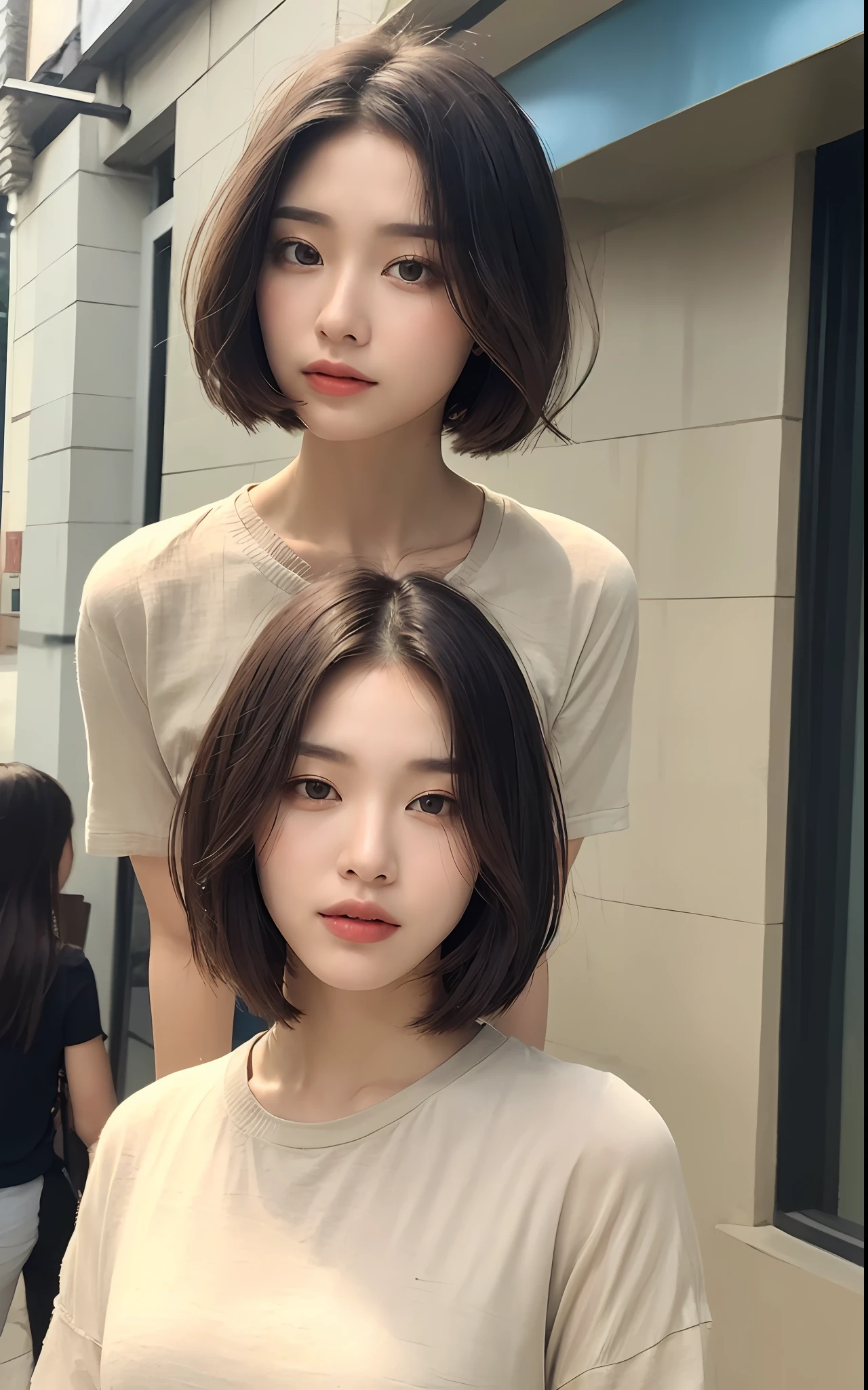 ((Top Quality, 8K, Masterpiece: 1.3)), Sharp: 1.2, Perfect Body Beauty: 1.4, Slim Abs: 1.2, ((Layered Hairstyle, Big: 1.2)), (White Long Shirt: 1.1), (Rain, Street: 1.2), Wet: 1.5, Highly Detailed Face and Skin Texture, Detailed Eyes, Double Eyelids, Aspect Looking at the Camera, (((Short Hair)), boyish, cool, (((neutral)), slender eyes,
