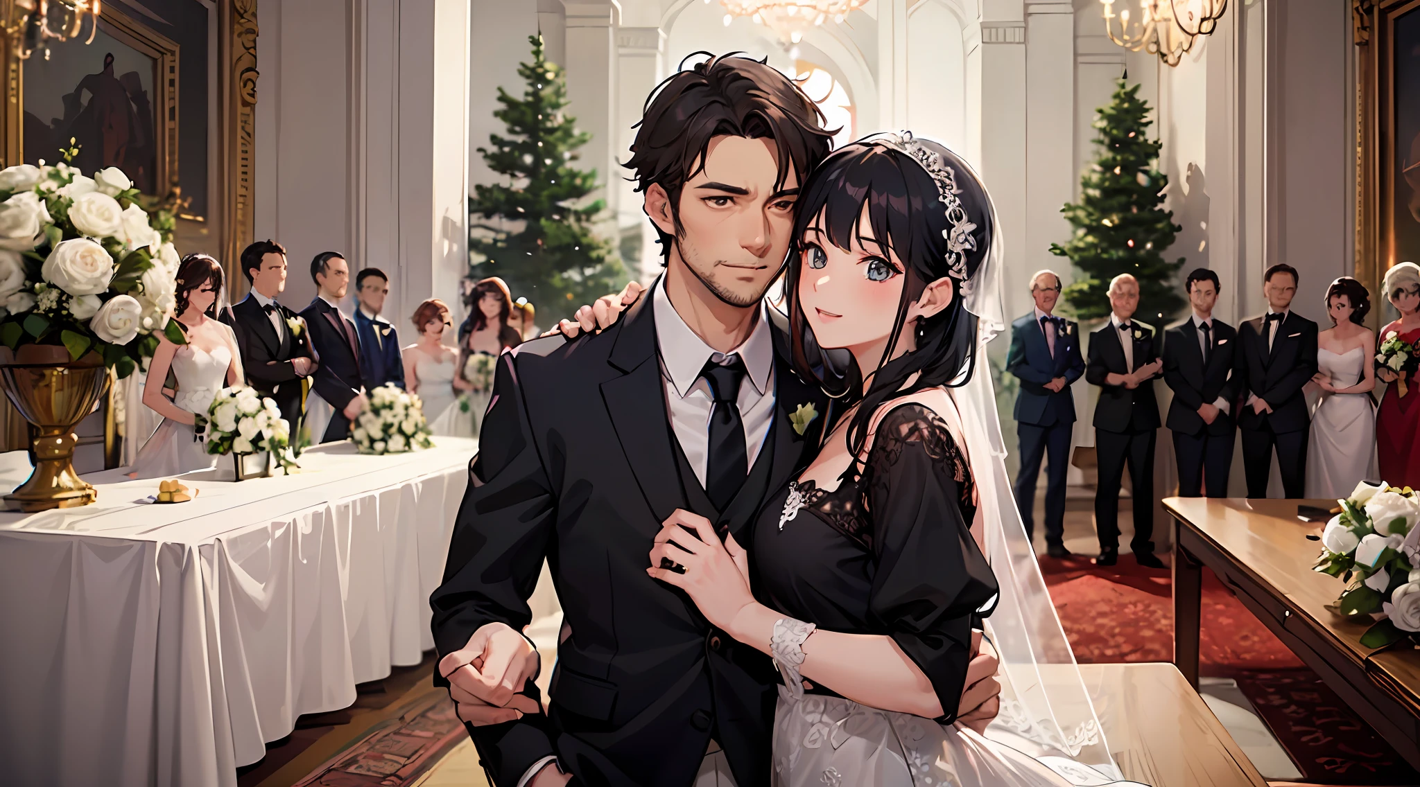 Middle-aged anime man, handsome middle-aged man, short hair, a little stubble, wearing a suit, a beautiful woman, a beautiful woman with long hair, black hair, wearing a wedding dress, hugging each other, very happy, in a luxurious villa, looking at the audience, taking wedding photos,
