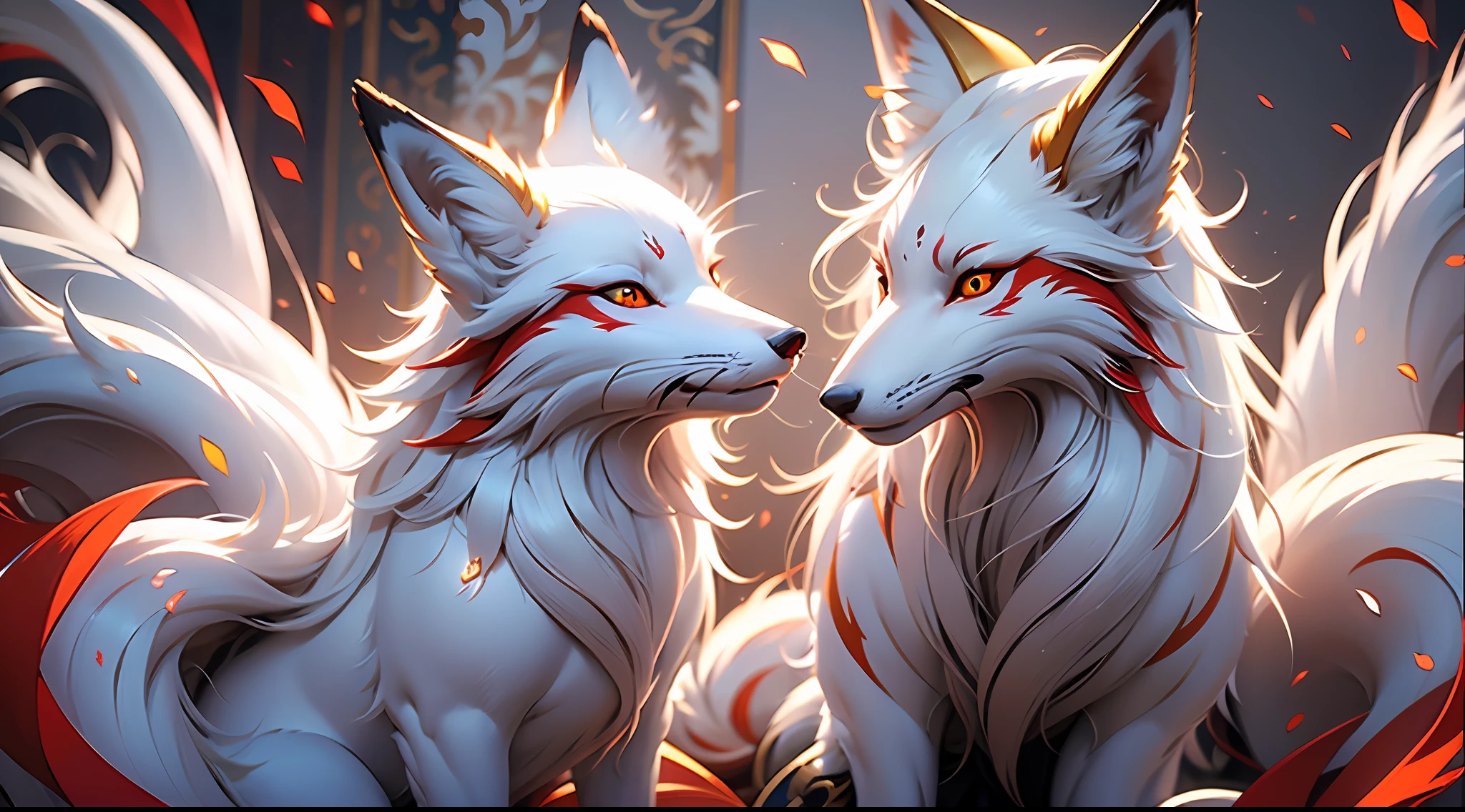 (Best Quality: 1.3), (Masterpiece: 1.3), (Realistic: 1.4), (Detail: 1.1), Nine Tails, Fox, White Fur, Super Fine, Super Flowing, Red Dragon Pattern on the Body, Red Eyes Bright and Gody, 9 Tails Upward, Dynamic, Mythical Background, Super Dreamy