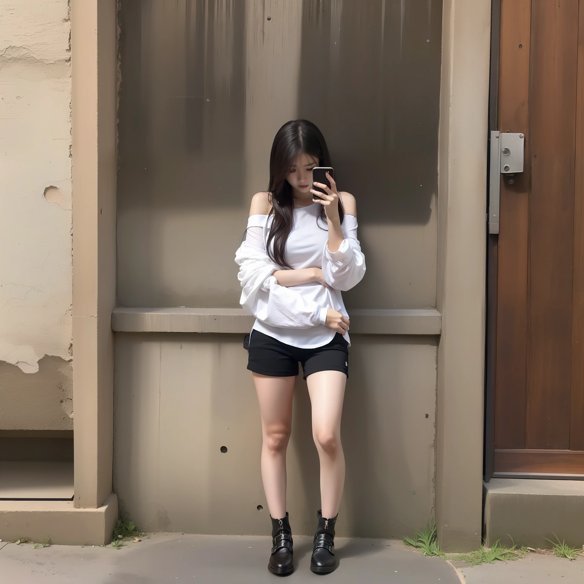 20-year-old Japanese woman, long hair and shoulders, white gauze shirt, princess sleeves, black underwear, black shorts, long legs, black booties, standing against the wall, legs crossed, looking down at the phone, messaging and typing