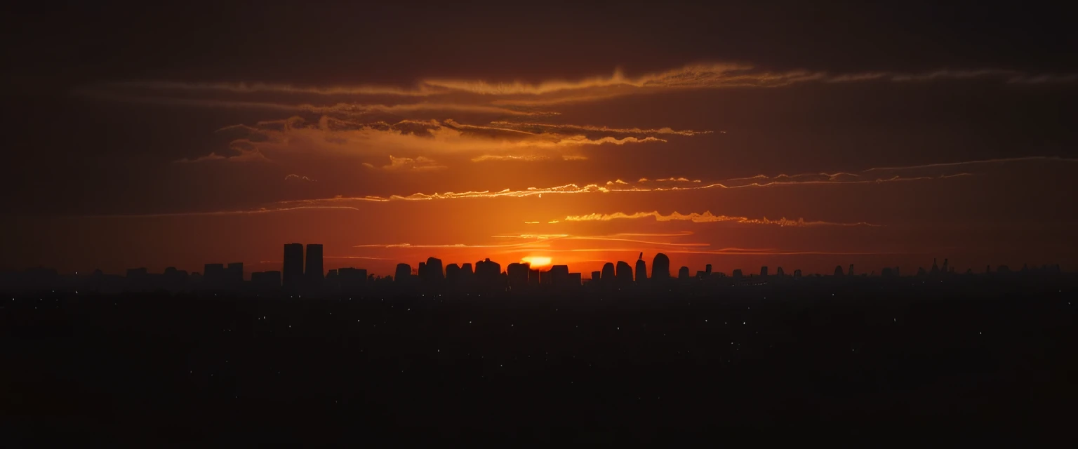 Alafid view of the city skyline，Planes fly in the sky, sunset in background, vista of a city at sunset, city sunset, sun and shadow over a city, sunset in background, city sunset night, silhouette over sunset, sunset in background, sunset in the distance, sunset photo, city in the distant on fire