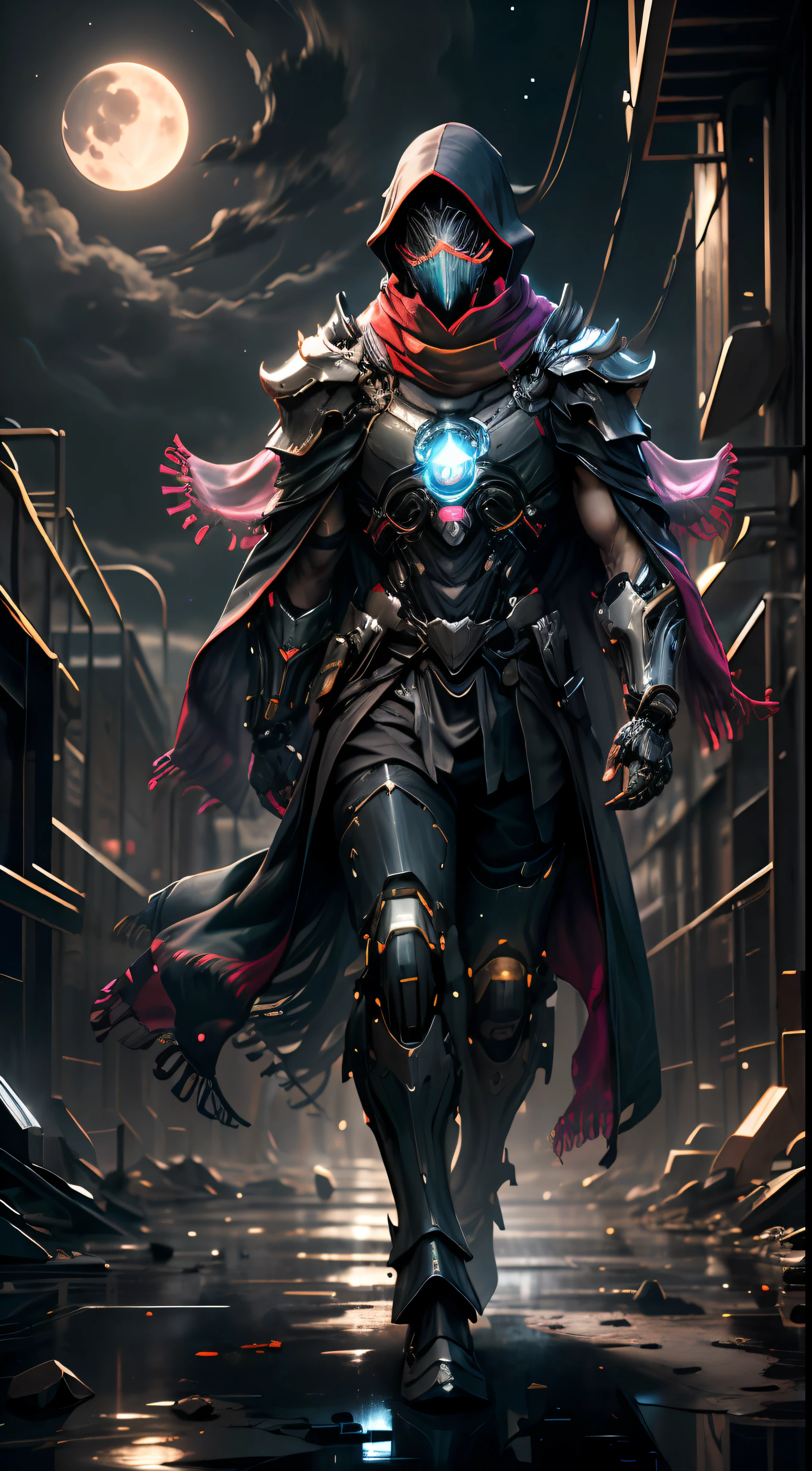 realistic,shiny,reflective,bioluminic, galactic cybernetic mask,mecha,(assassin:1.2),((((scarf,long cloak)))),sh4g0d,GlowingRunes_red,fullbody,cinemnatic,dark background,starry,big moon,backlight,high contrast,