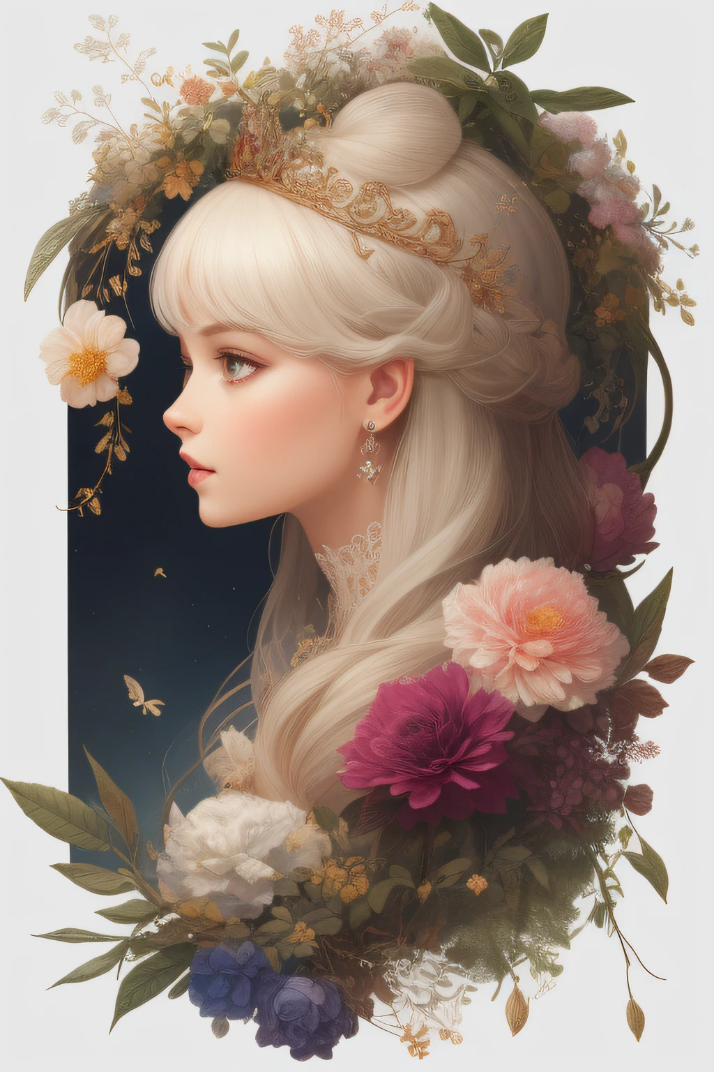 ((gorgeous princess)), (with long flowing white hair), (bright and beautiful eyes), (side profile), trend on art station, flower of hope by Jean-Honor Fragonard, Peter mohrbacher, super Detailed, crazy detail, stunning, intricate, elite, art nouveau, ornate, liquid wax, elegant, luxurious, Greg Rutkowski, ink style, sticker, vector art beautiful character design, double exposure shot, luminous design, winning entry, masterpiece, amoled black background,