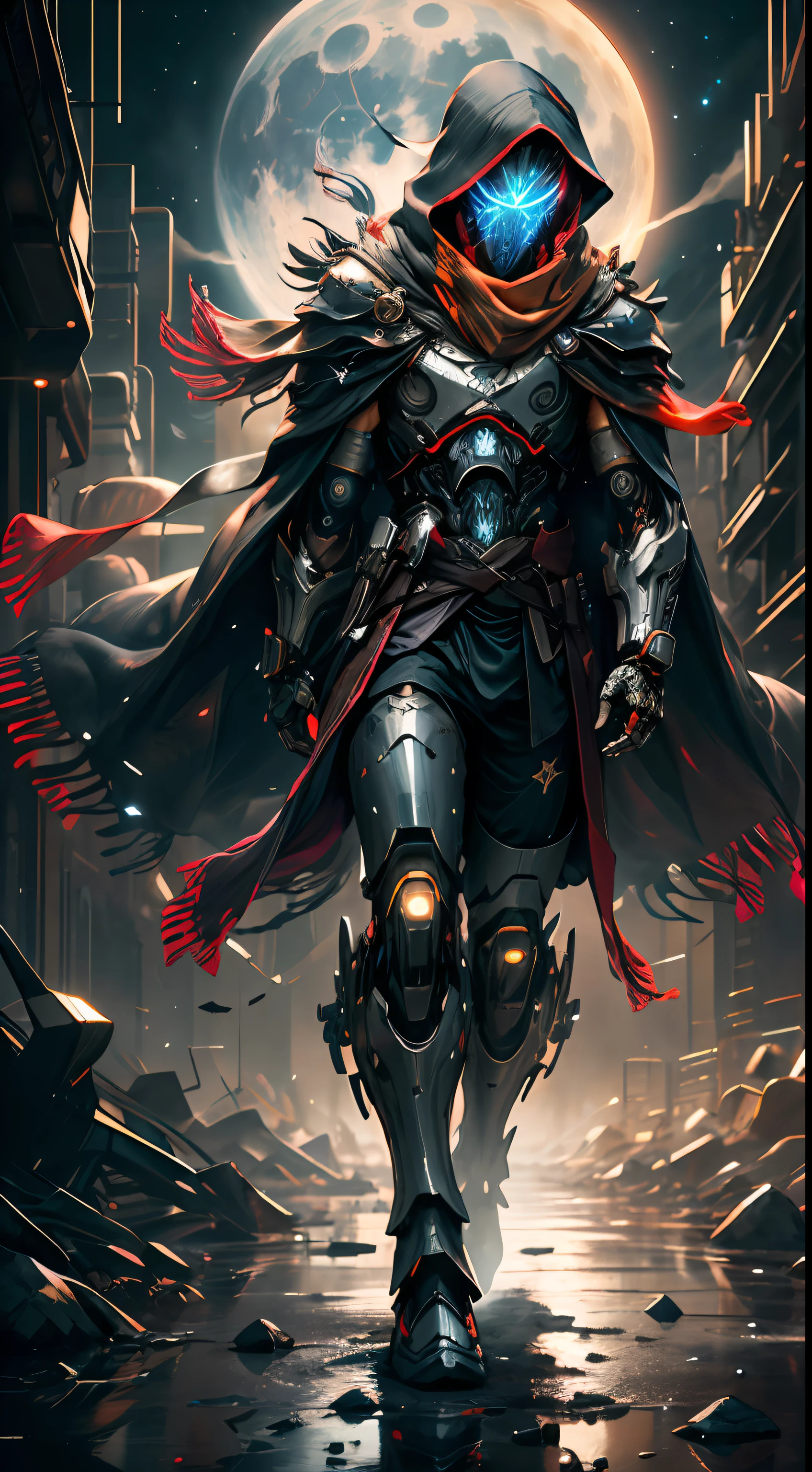 realistic,shiny,reflective,bioluminic, galactic cybernetic mask,mecha,(assassin:1.2),((((scarf,long cloak)))),sh4g0d,GlowingRunes_red,fullbody,cinemnatic,dark background,starry,big moon,backlight,high contrast,