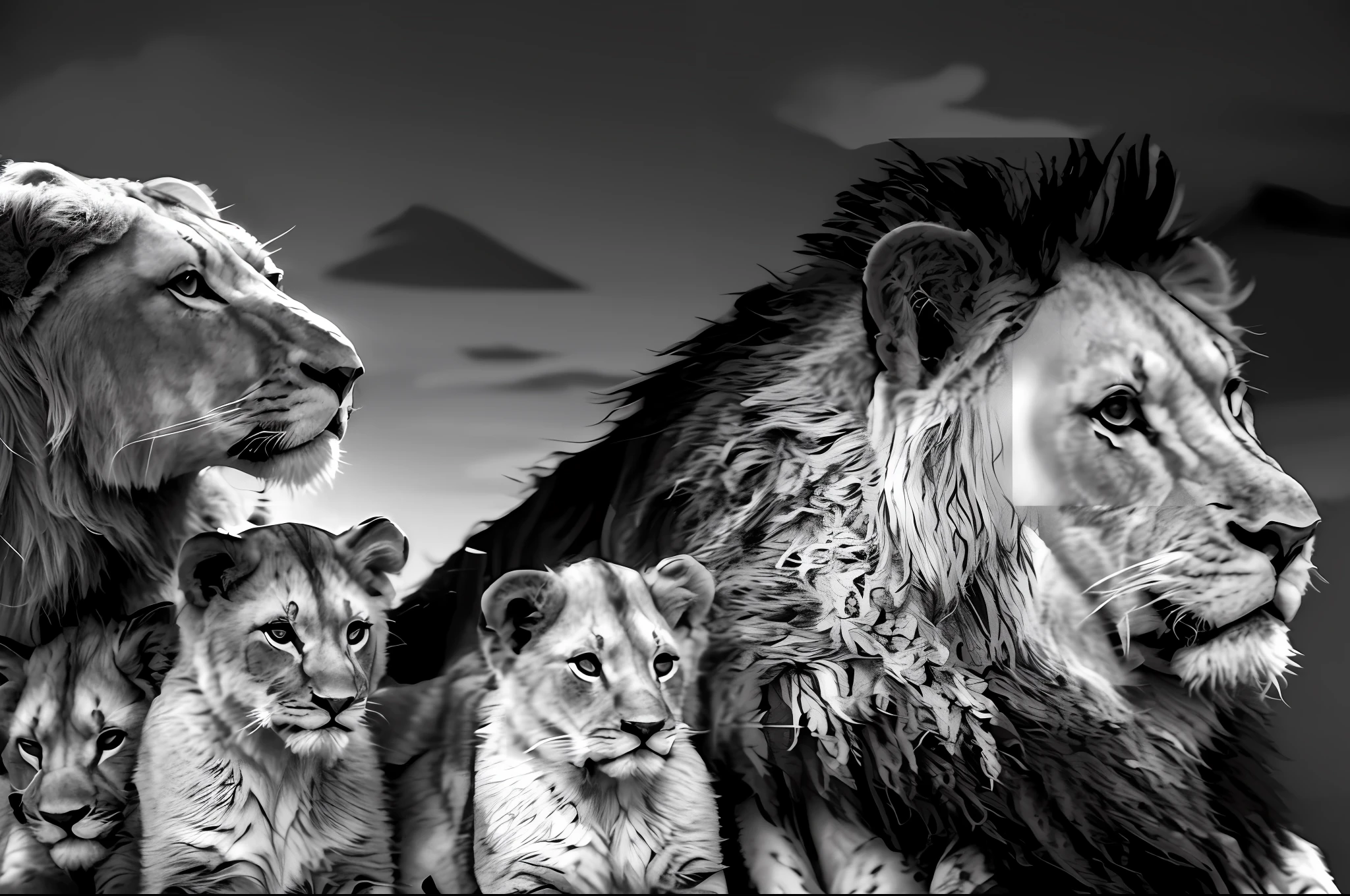 ((Grayscale photograph), (((Lioness without mane)))), ((Realistic hair)), there are a lot of lions that are standing together, lions, proud look, proud look, family photo, family portrait, jungle king, trend photo, trend, lion, wildlife animals, majesty, a lioness in the background, ((black background)), dark night, lion, looking forward, animals ruling the world, looking straight, cub, lioness, contemplating