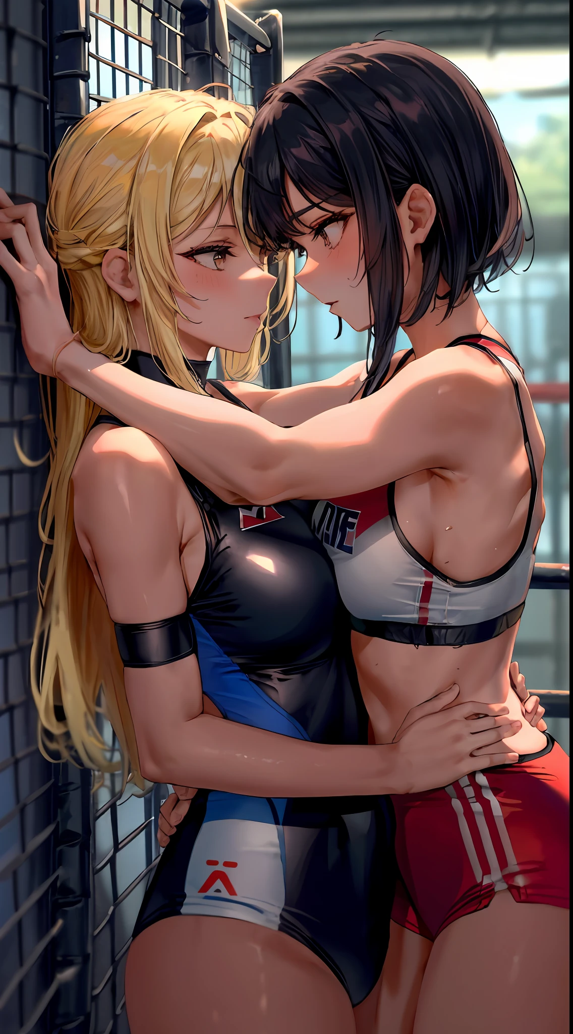 2 women hugging in an MMA CAGE, wearing sexy MMA clothes, on a hot summer day, sexy:1,5, yuri, lesbian, nsfw, lascivious:1,5, strong:1,2, perfect hands with 5 fingers, perfect arms, perfect anatomy, mma grapple