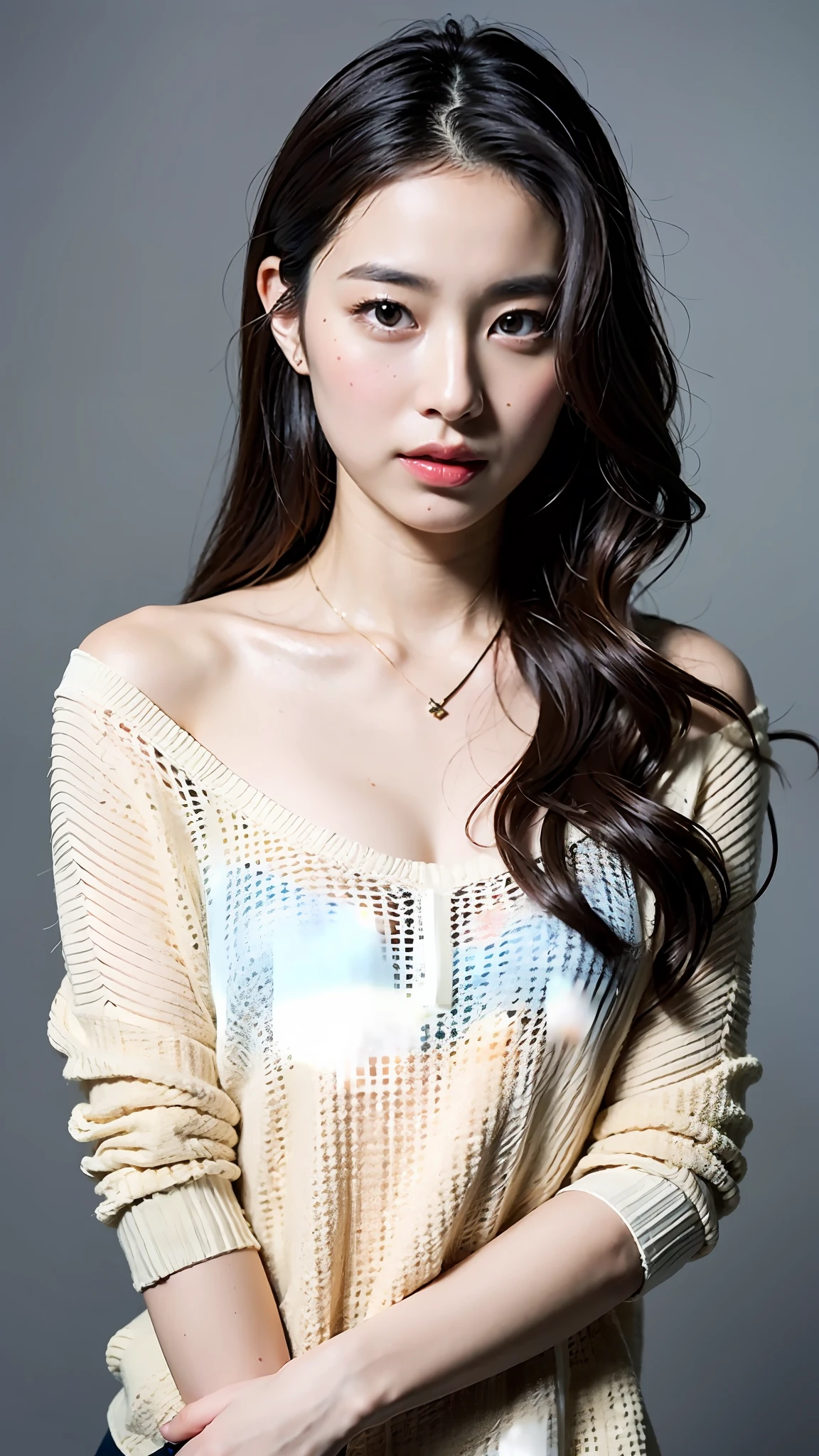 (Best Quality, 8k, 32k, Masterpiece, UHD: 1.2), Cute Japan Woman Pictures, Small , Long Hair, Upper Body, Face Focus, oversized_sweater, Necklace, Simple Background, From Above, Watch the Viewer,