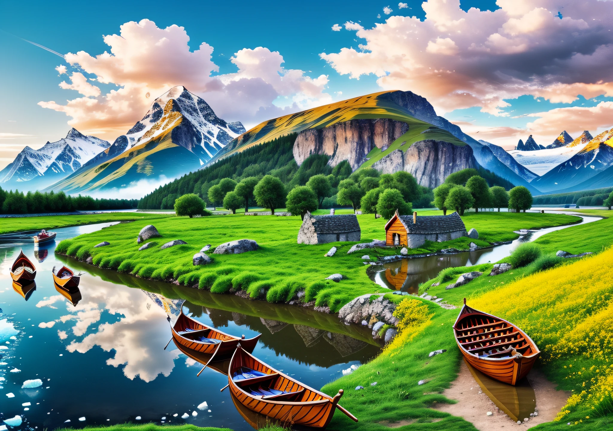 a Viking castle of the ancient era, surrounded by icy mountains and mountains with green trees, a grass with yellow flowers, orange sky with plenty of clouds and rain, a river with Viking boats,