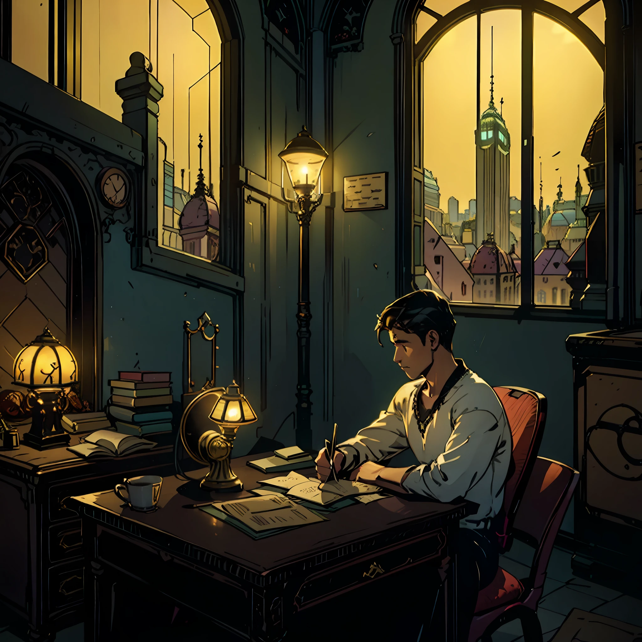 A boy sitting at a desk, with a lamp illuminating, in a room, at night, with a window that overlooks the city of Curitiba --auto